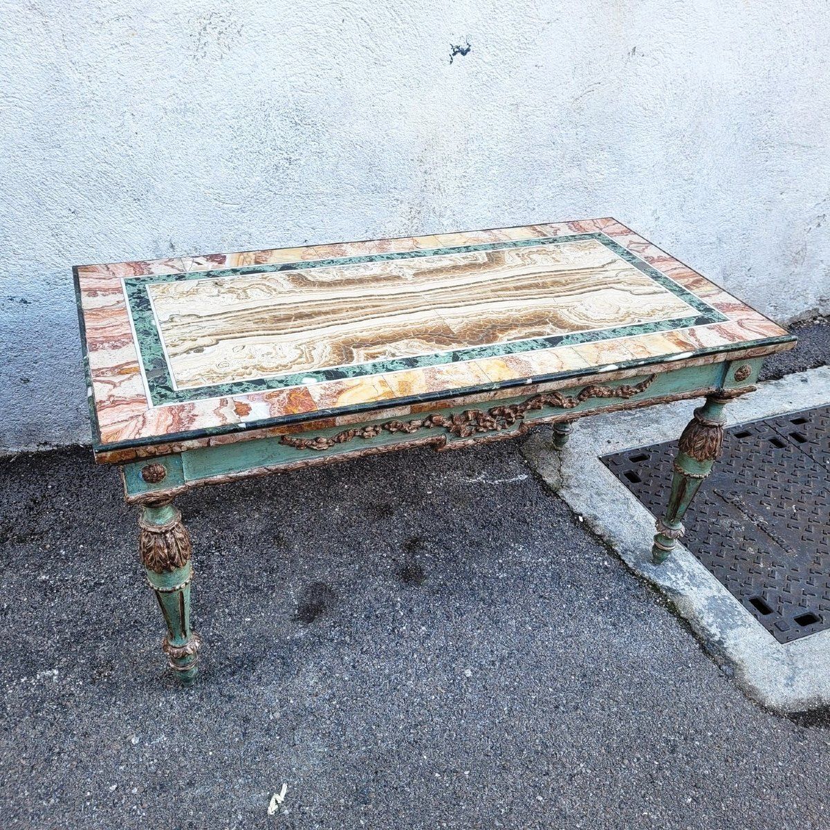 Coffee Table In Marble Marquetry And Lacquered Wood, Late 19th/Early 20th Century photo furniture