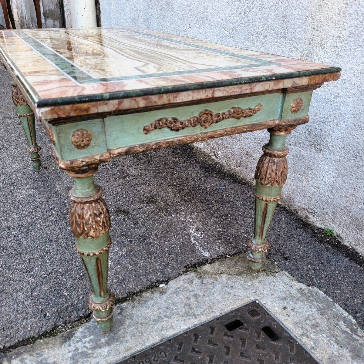 Coffee Table In Marble Marquetry And Lacquered Wood, Late 19th/Early 20th Century photo 1850.0