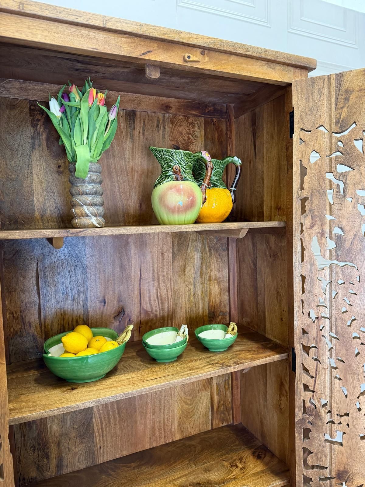 Hand Carved Mango Wood Cabinet With Peacock And Flower Design In A Natural Finish. photo for sale