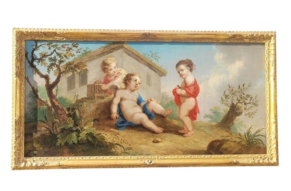 Oil On Canvas, 152 X 88 Cm, Putti Playing With Birds, Early 19th Century