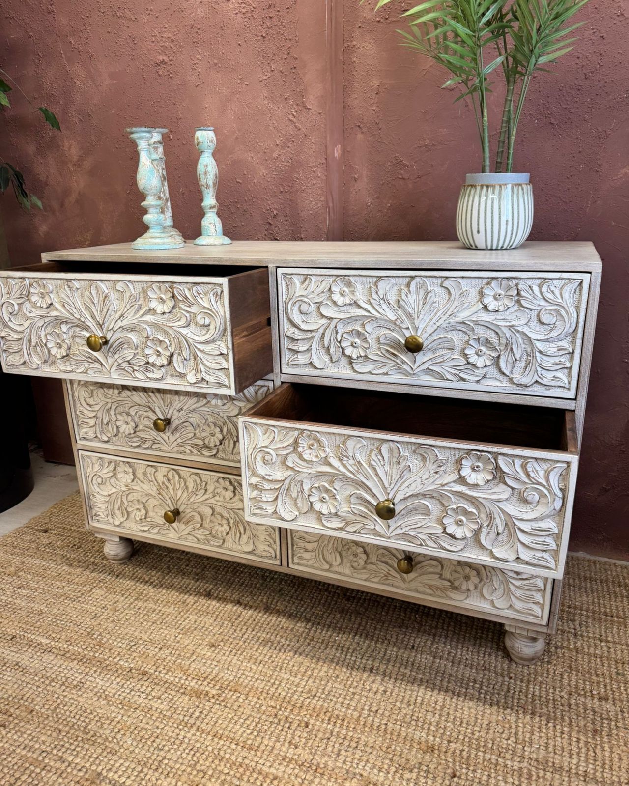 Hand Carved Mango Wood 6 Drawer Chest Of Drawers photo Furniture