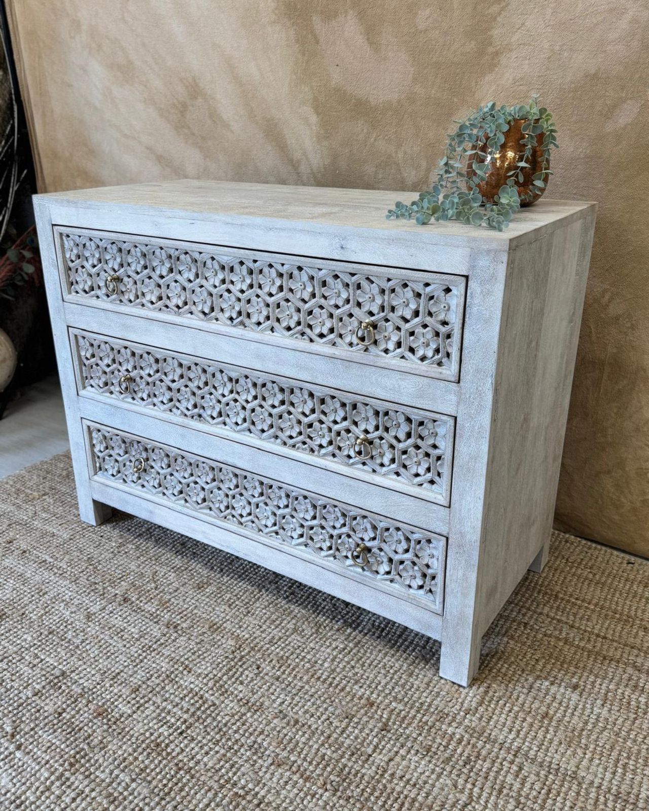 Hand Carved Mango Wood Three Drawer Chest – Jali Design In Creamwash Finish photo furniture