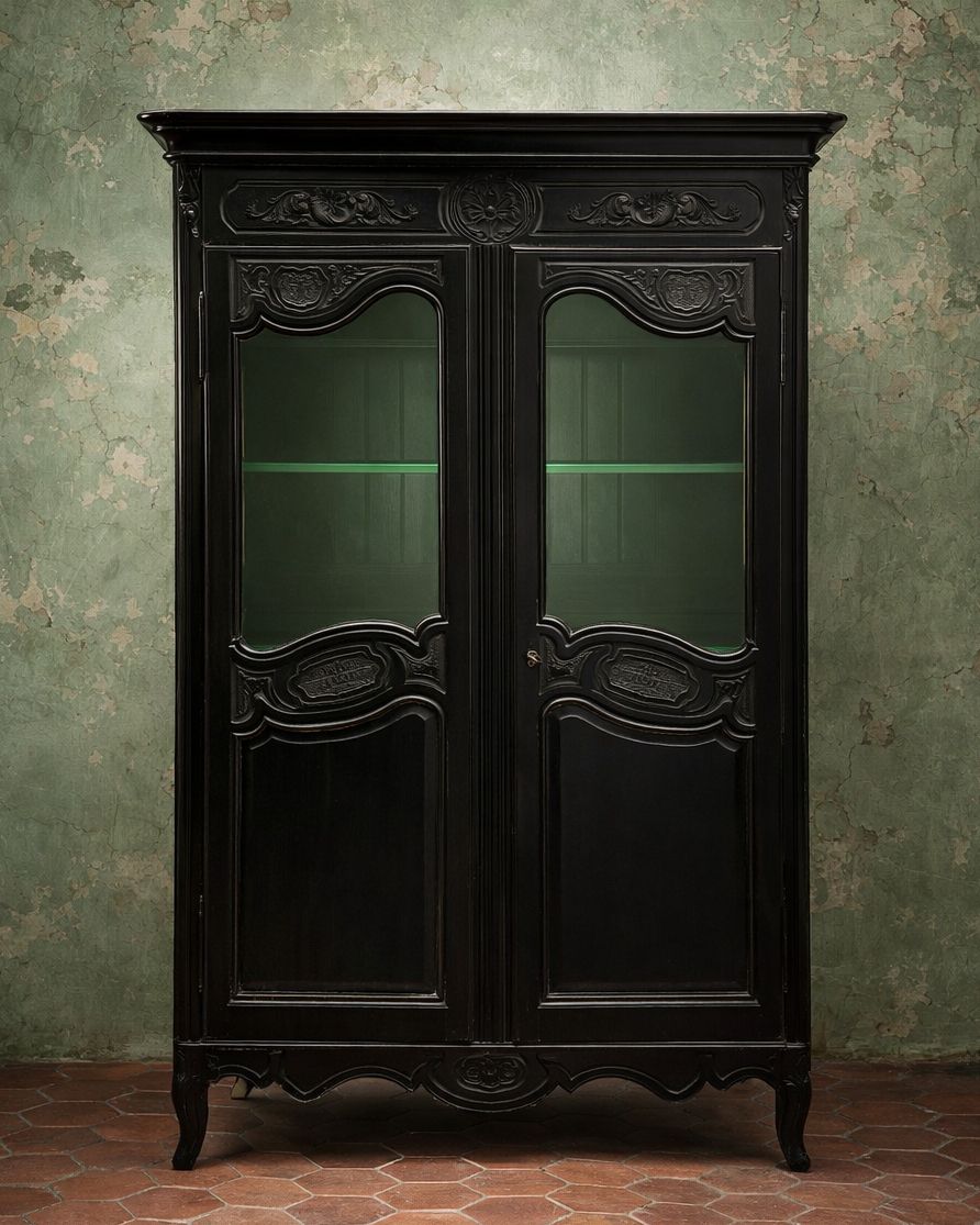 19e Eeuwse Zwarte Vitrinekledingkast (Huwelijksarmoire) photo 3580.0