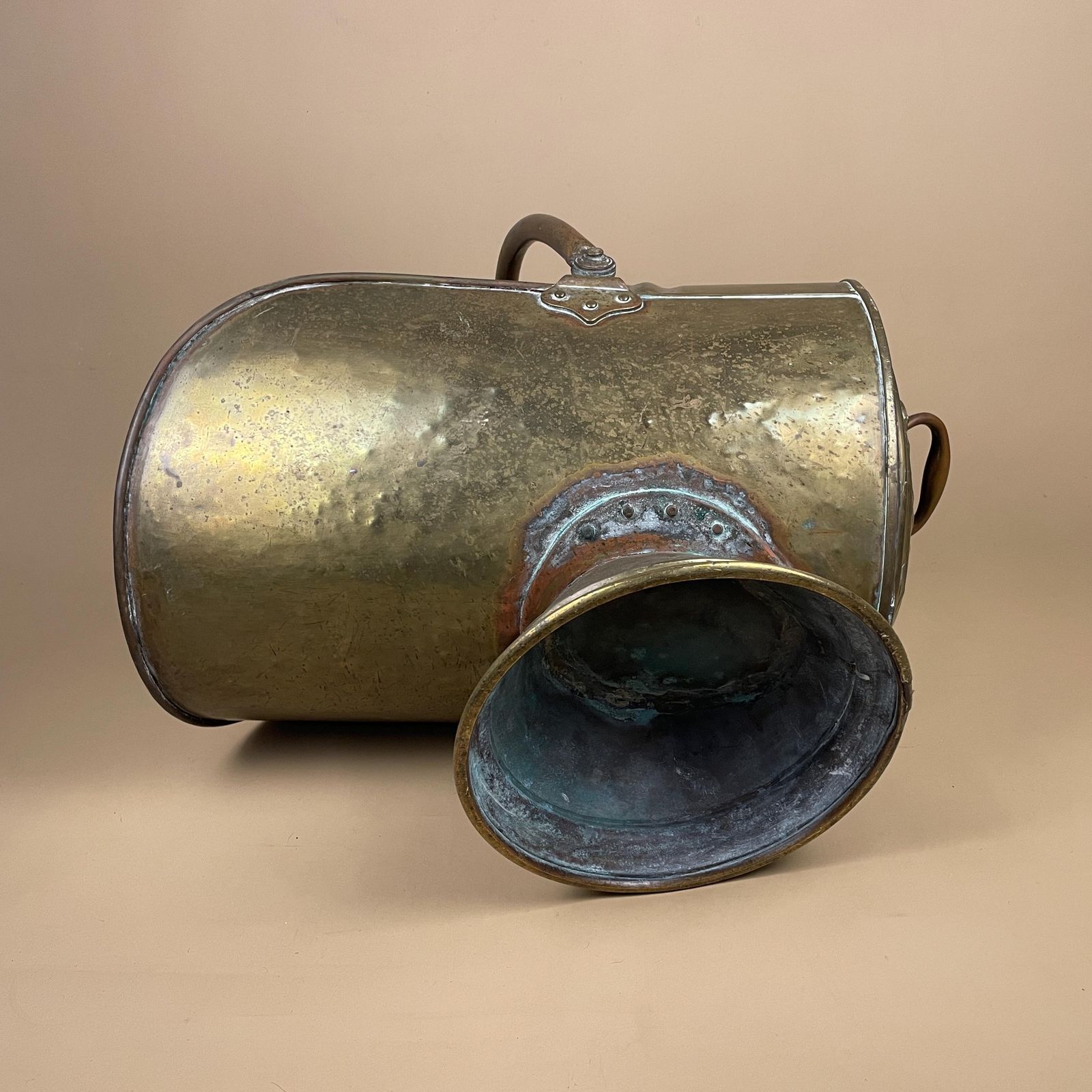 photo for sale Antique Metal Gold Brass Coal Bucket Handle Fireside Fire Side Scuttle Log Helmet Farmhouse Cottage Aged Patina Vintage Fireplace Logs Heavy