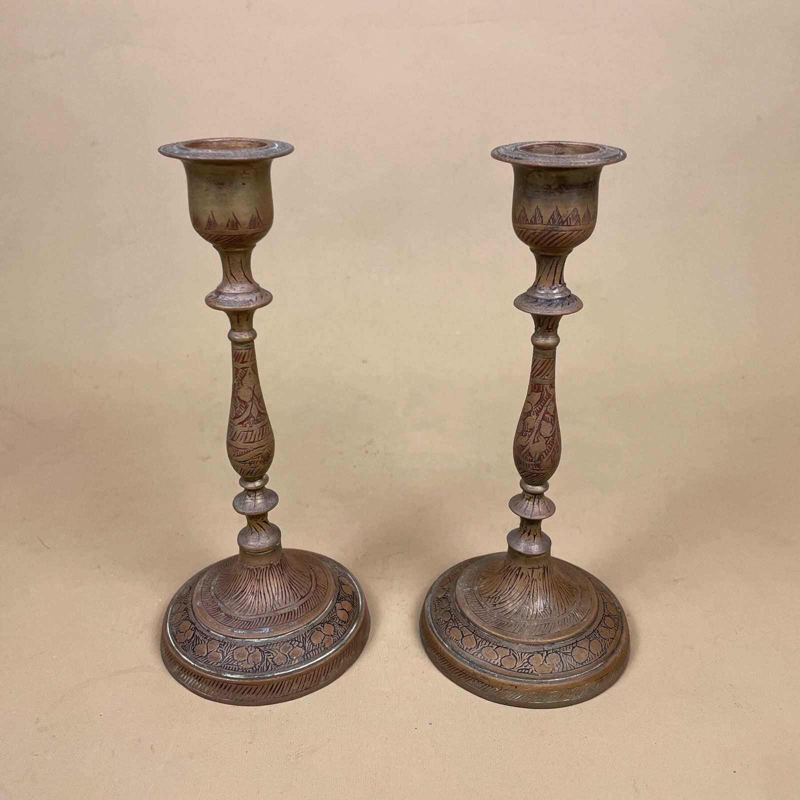 Antique Matching Pair Of Gold Brass Metal Candlestick Candle Stick Holders Holder Vintage Round Taper Dinner Candlesticks Engraved Indian photo Home Decor