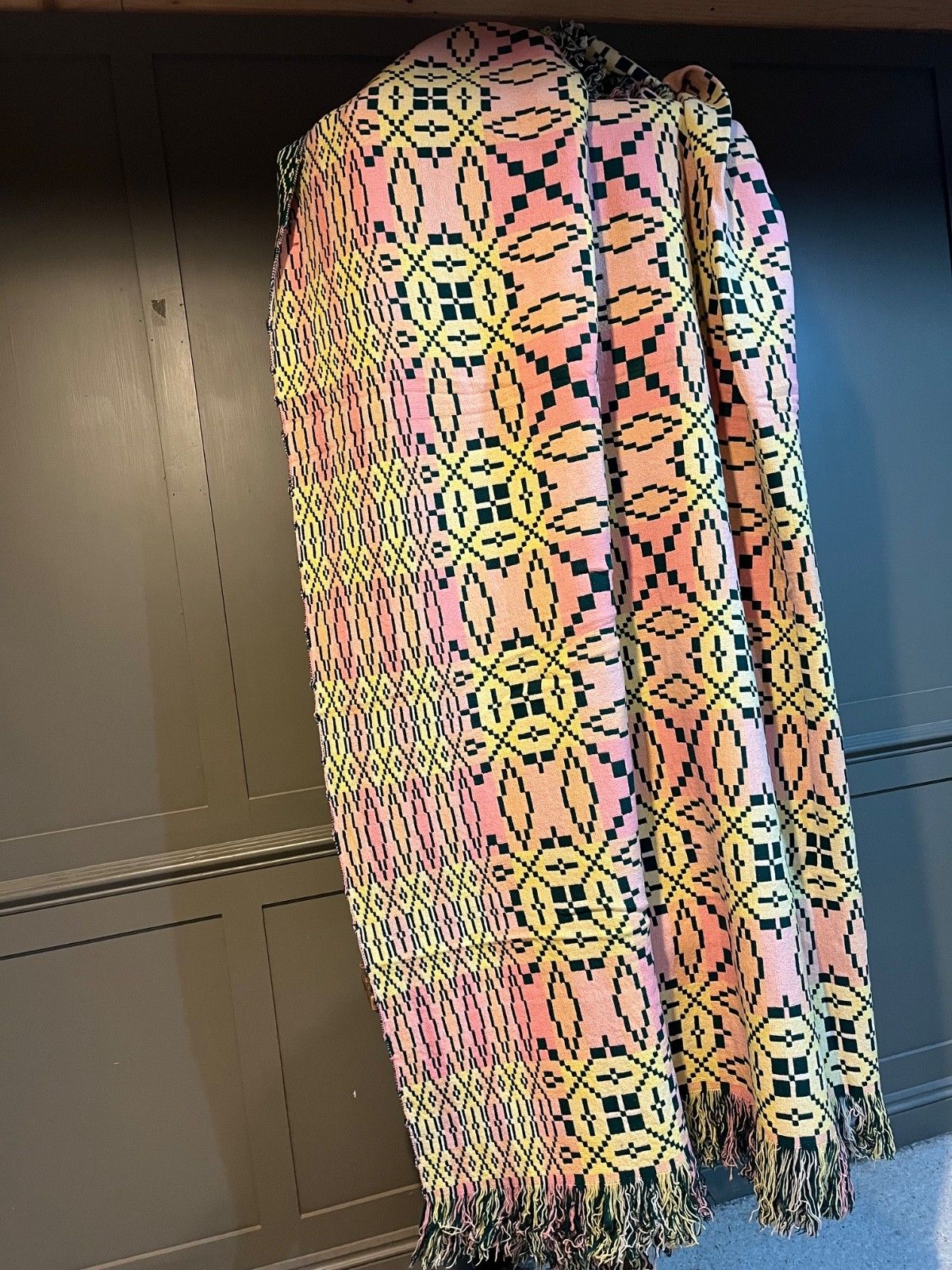 Vintage Welsh Wool Blanket Reversible Derw Mill Pink/Green Woven 100% Wool photo for sale
