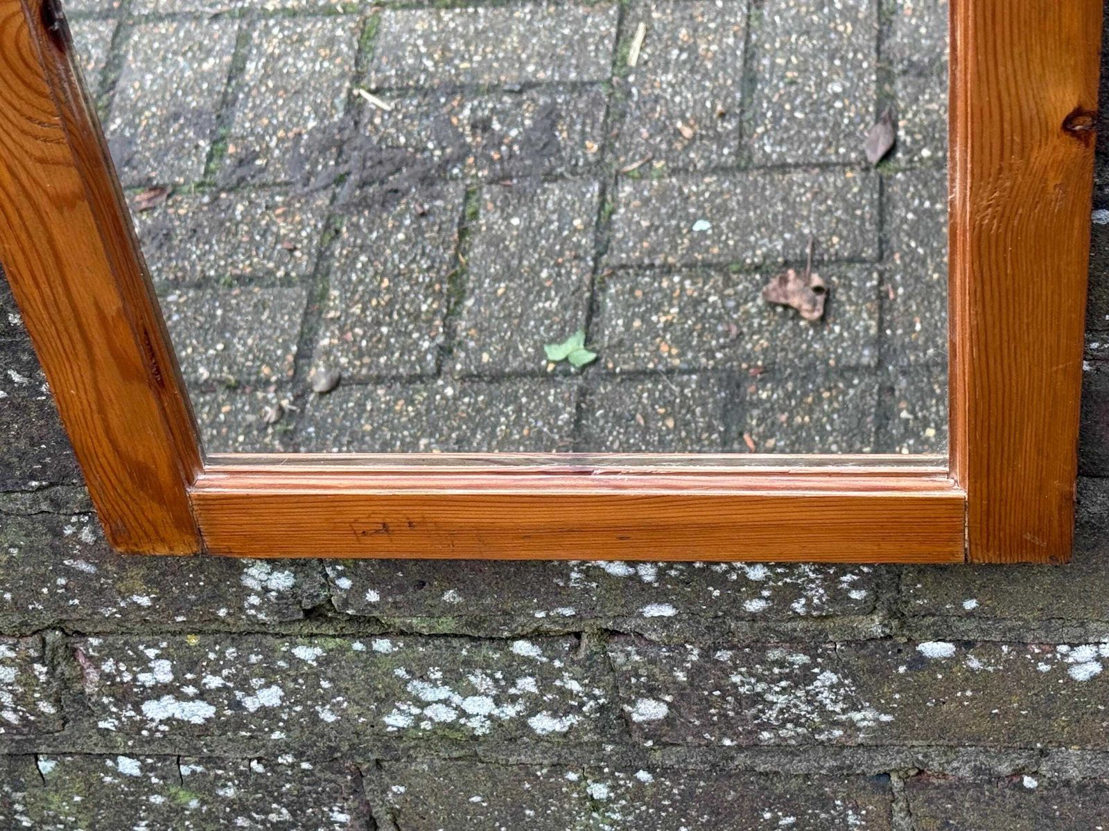 Vintage 1980s Rustic Pine Wall Mirror With Decorative Pediment photo vinterior