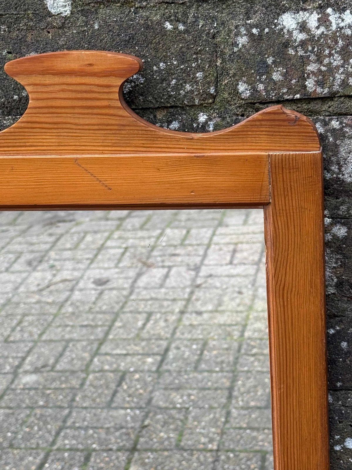 photo for sale Vintage 1980s Rustic Pine Wall Mirror With Decorative Pediment