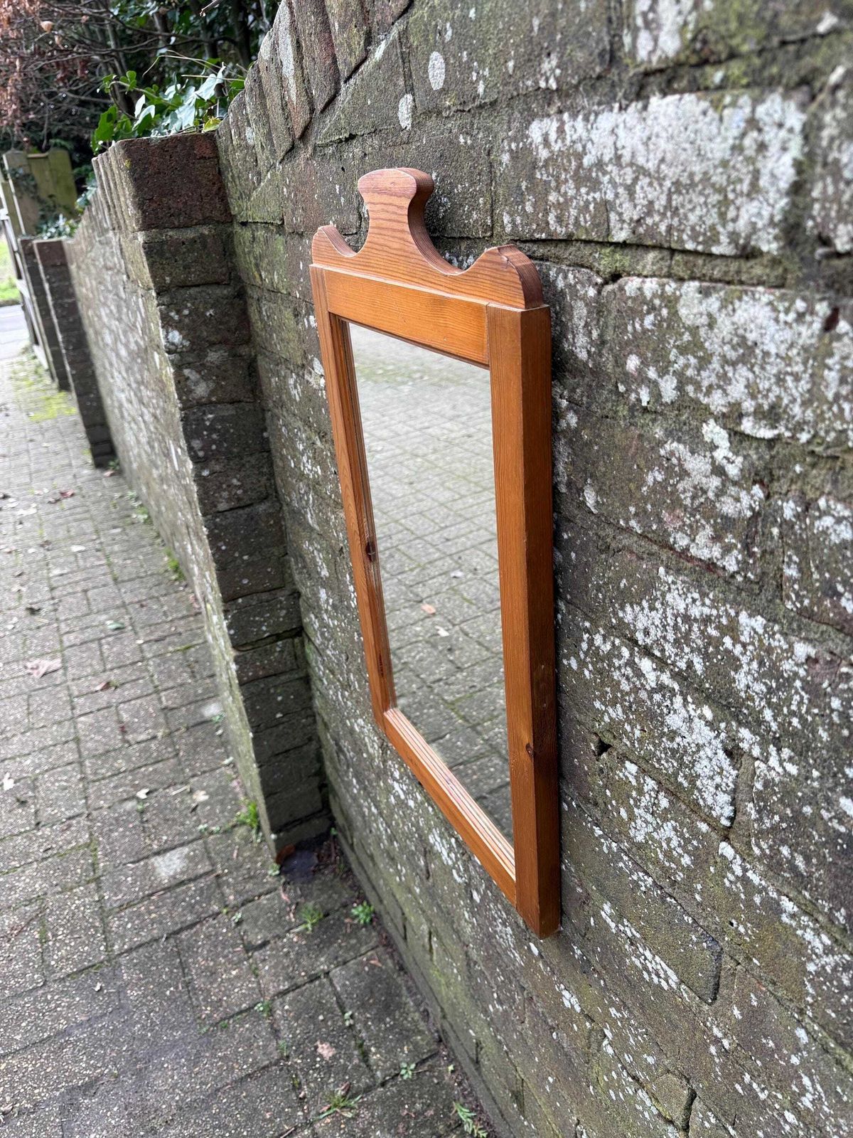 95.0 Vintage 1980s Rustic Pine Wall Mirror With Decorative Pediment photo
