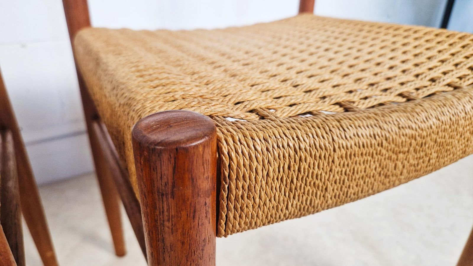 Furniture Set Of 4 A.M Møbler Model 501 Vintage 1960s Danish Mid Century Teak & Cord Dining Chairs Pg063 photo