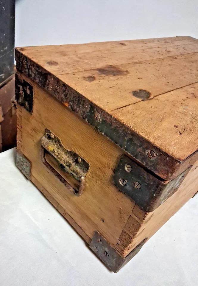Vintage Wooden Metal Bound Chest Marked 1945 Possibly Amo Carrier photo furniture