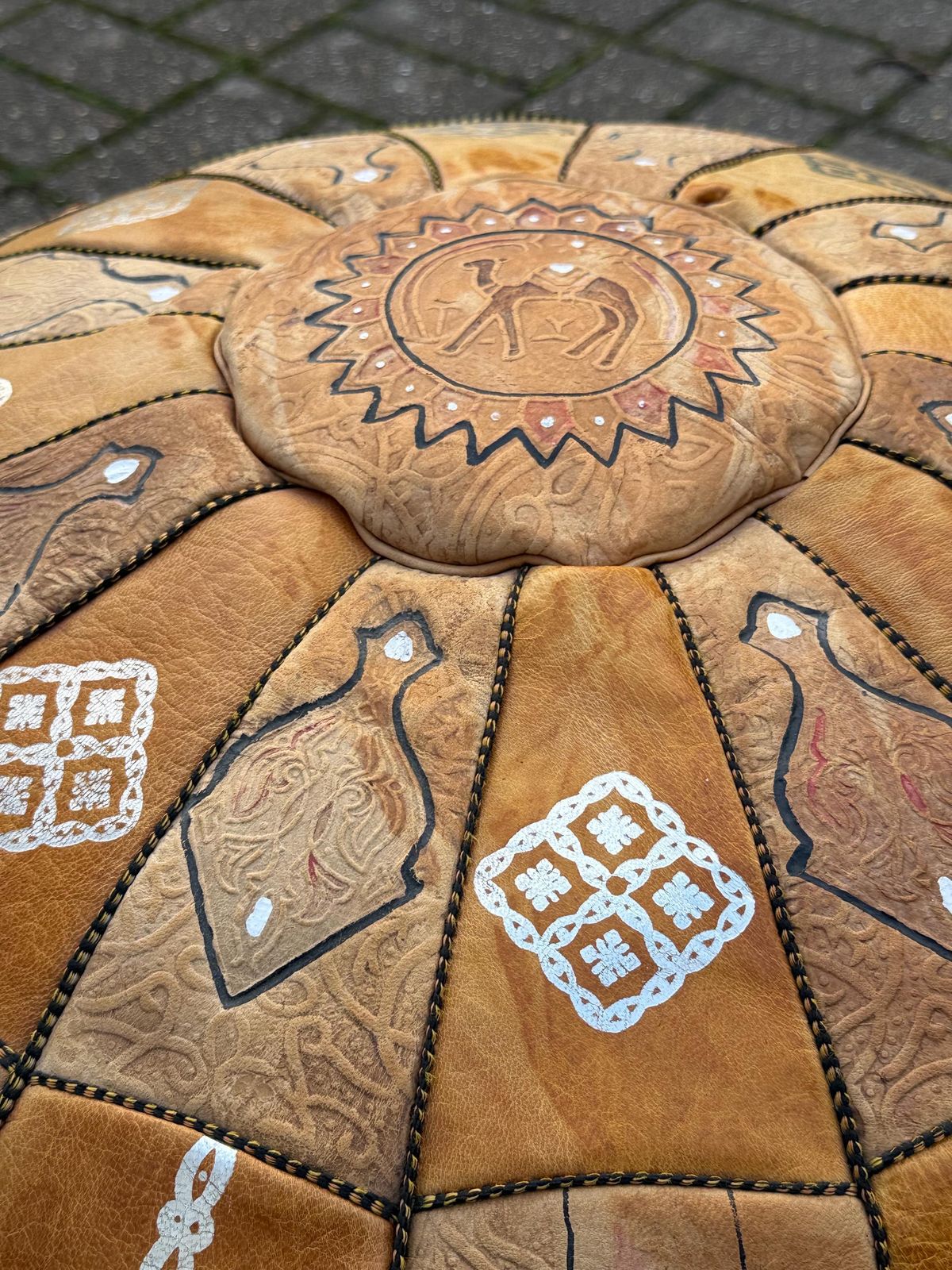 Authentic Vintage Moroccan Tan Leather Pouffe Pouf Ottoman Boho Floor Cushion Footstool photo vinterior