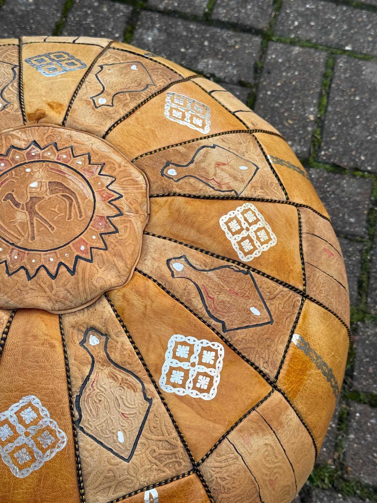 Furniture Authentic Vintage Moroccan Tan Leather Pouffe Pouf Ottoman Boho Floor Cushion Footstool photo