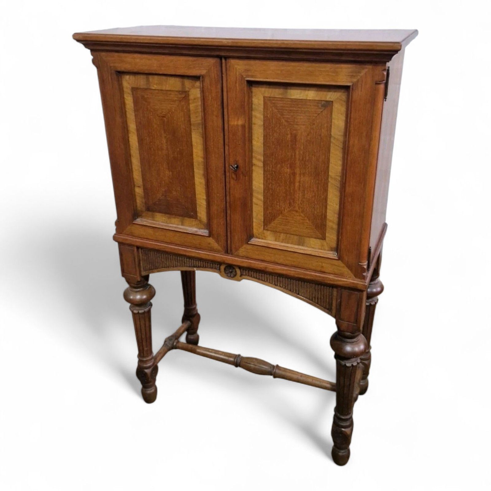 photo for sale Antique Continental Side Cabinet / Lnlaid + Carved Double Door Cupboard On Stand