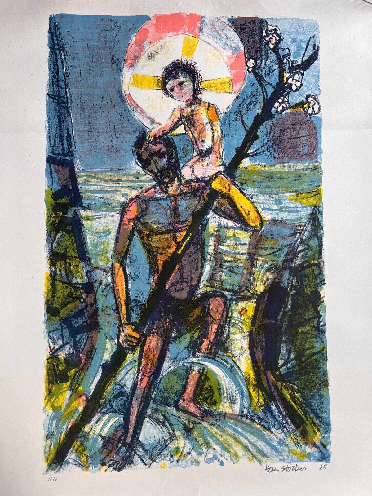 Hans Stocker "Saint Christopher" Original 1965 Lithograph – Signed & Numbered Swiss Modernist Art photo furniture