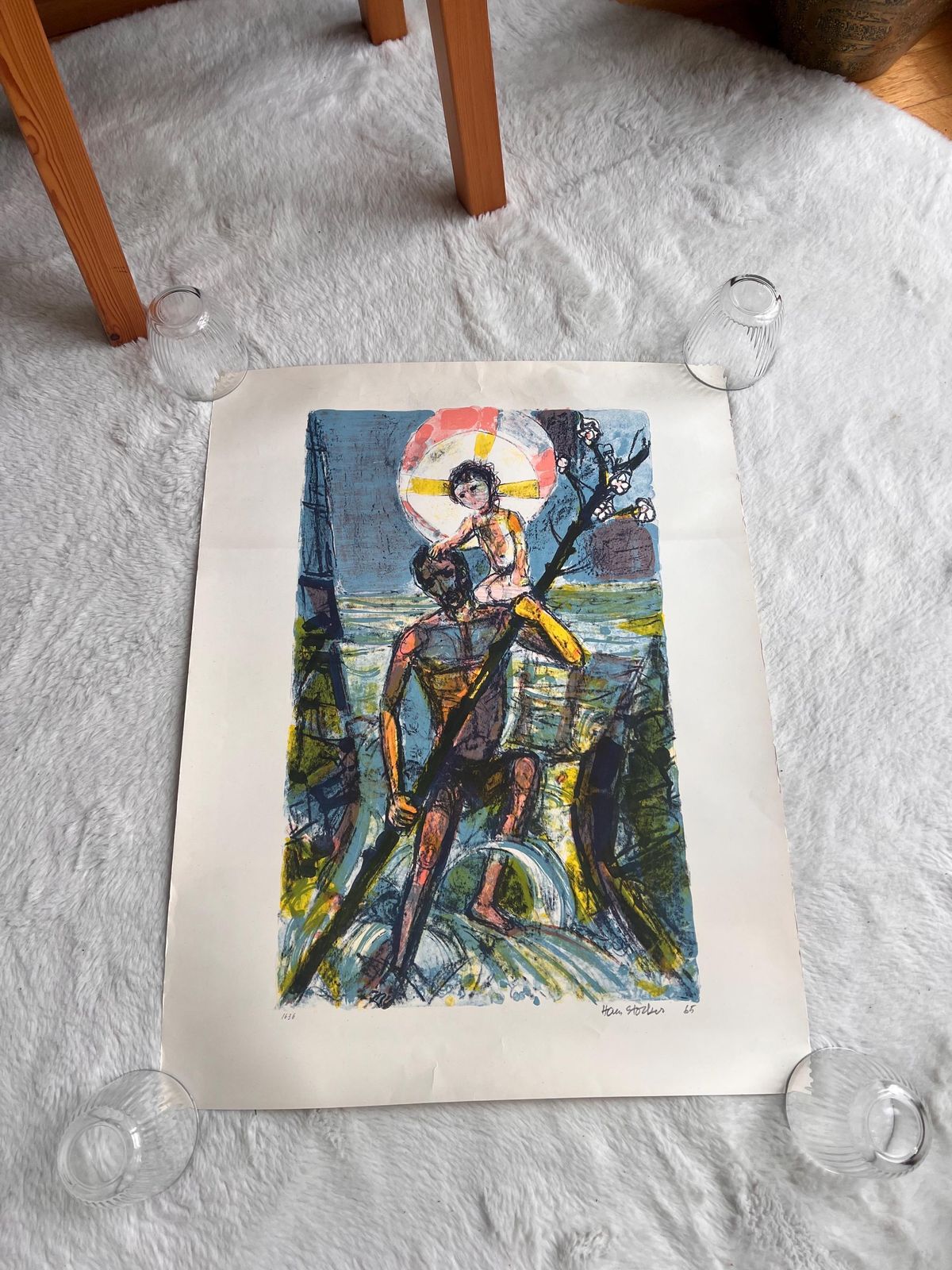 Hans Stocker "Saint Christopher" Original 1965 Lithograph – Signed & Numbered Swiss Modernist Art photo vinterior