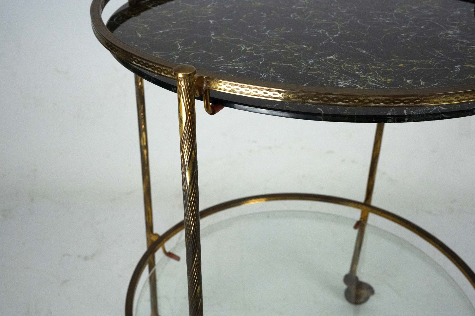 Round Mid Century Brass And Marble Effect Glass Bar Cart. Italy 1950s photo 1170.0