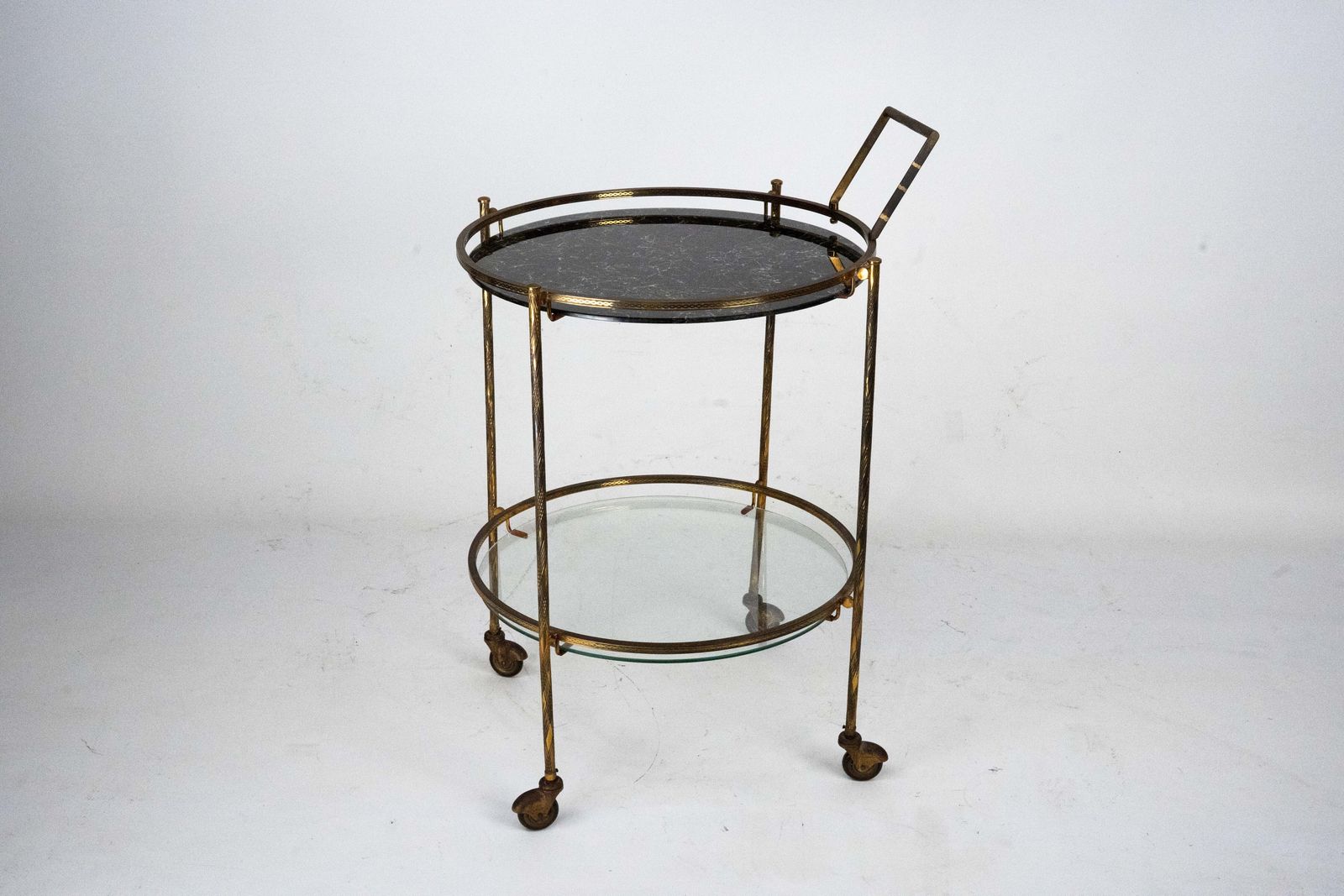 Round Mid Century Brass And Marble Effect Glass Bar Cart. Italy 1950s photo buy