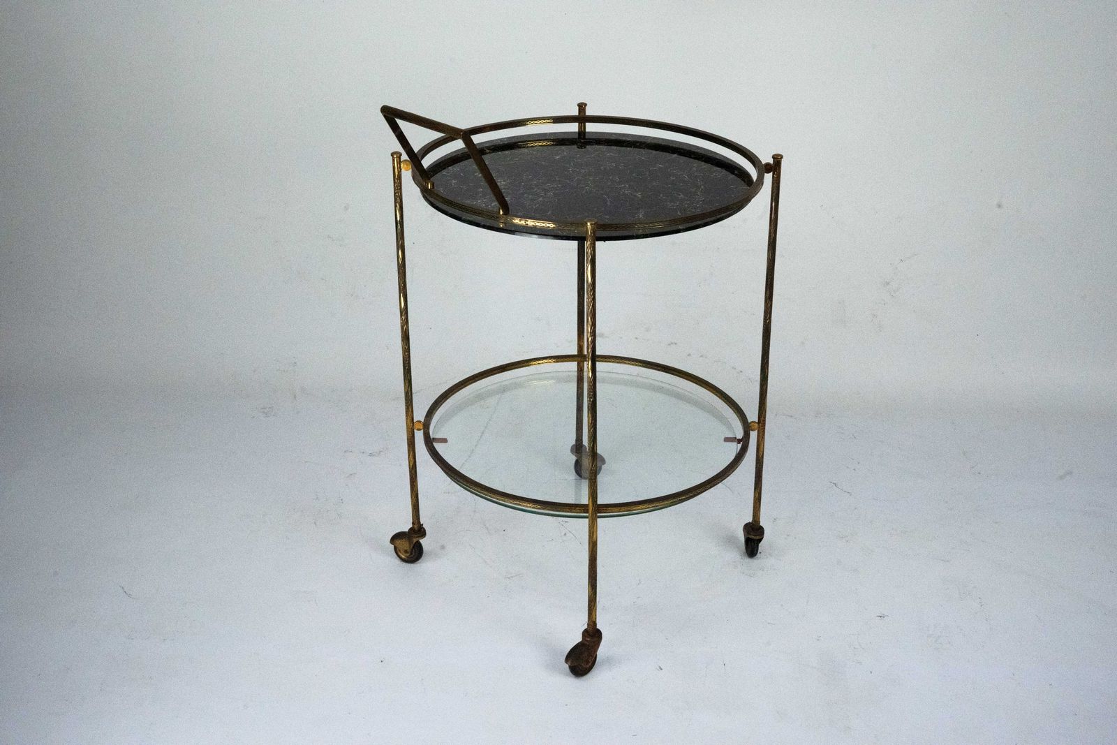 1170.0 Round Mid Century Brass And Marble Effect Glass Bar Cart. Italy 1950s photo