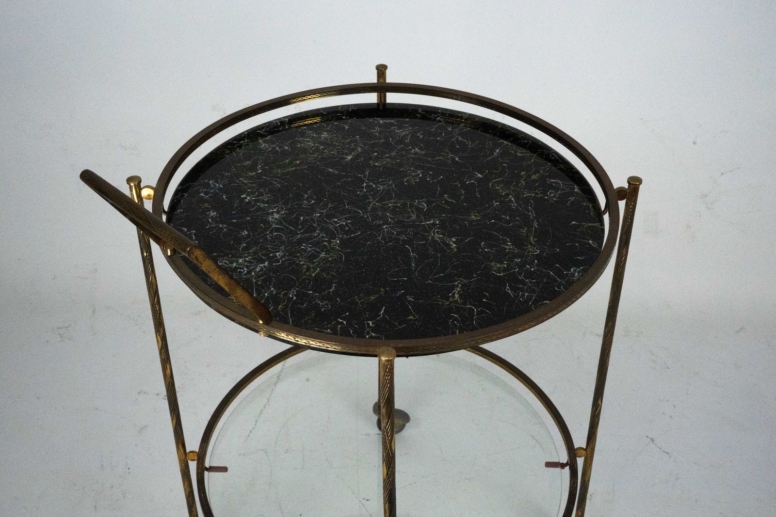 photo vinterior Round Mid Century Brass And Marble Effect Glass Bar Cart. Italy 1950s
