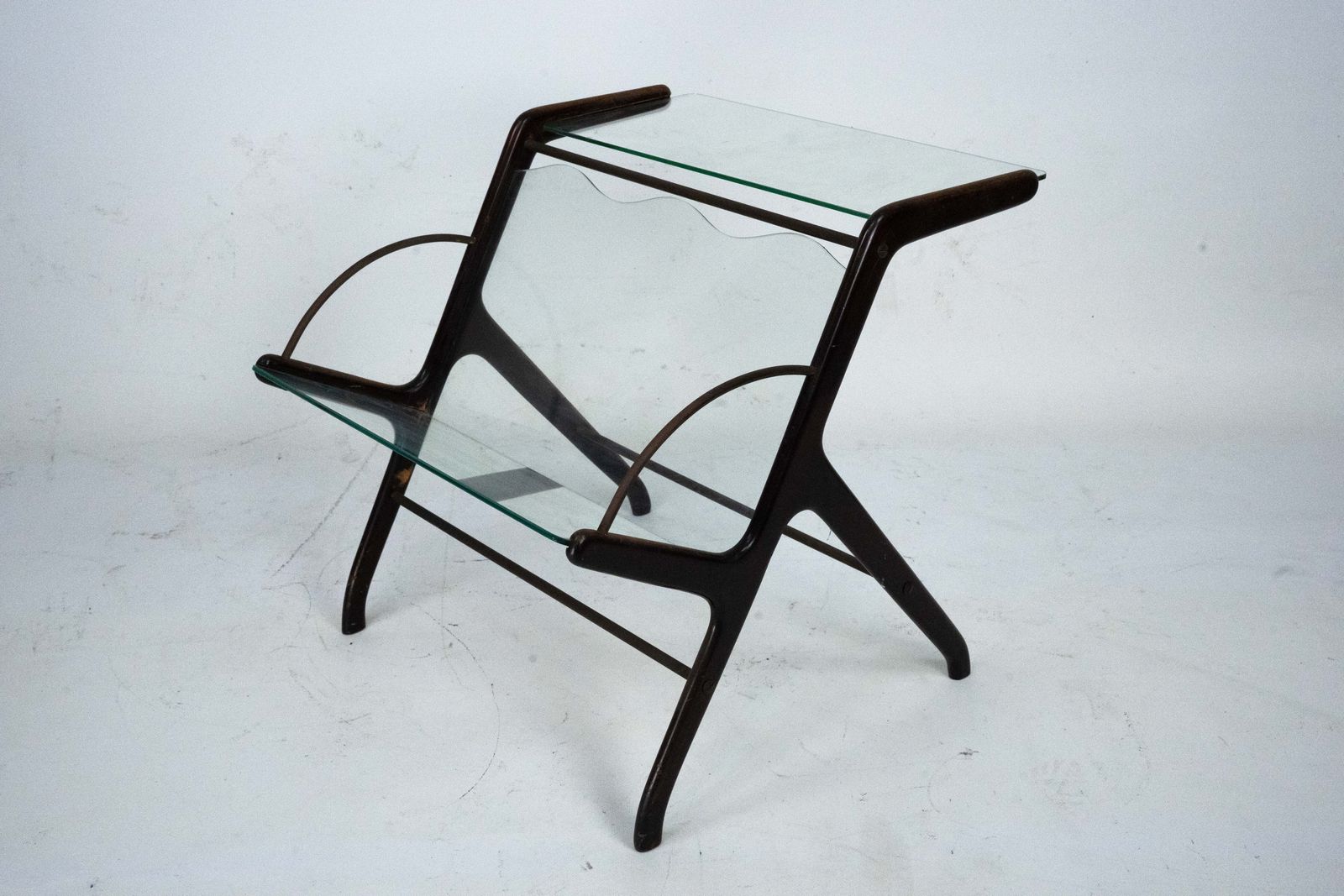 Ico Parisi Magazine Rack In Wood, Brass And Glass. Italy, 1950s photo for sale