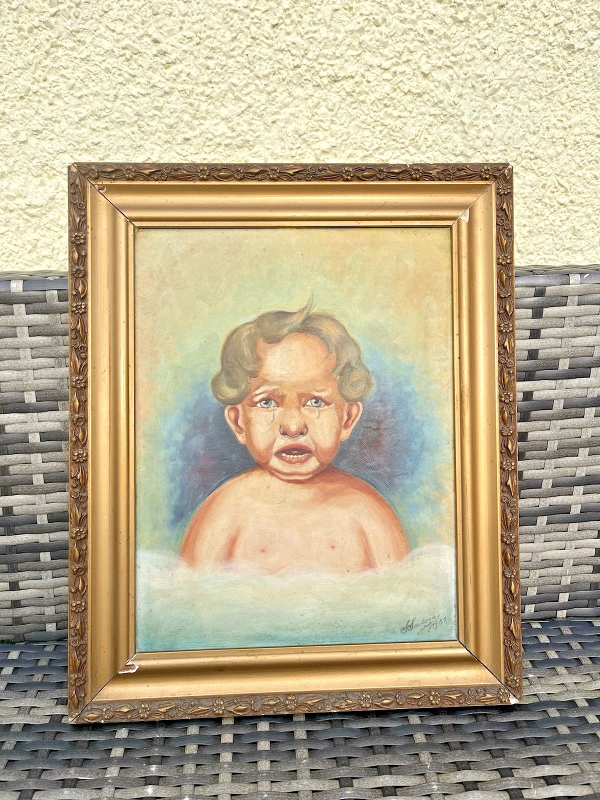 Antique C1937 French Comical Angry Crying Baby Portrait Painting Oil Gouache photo buy