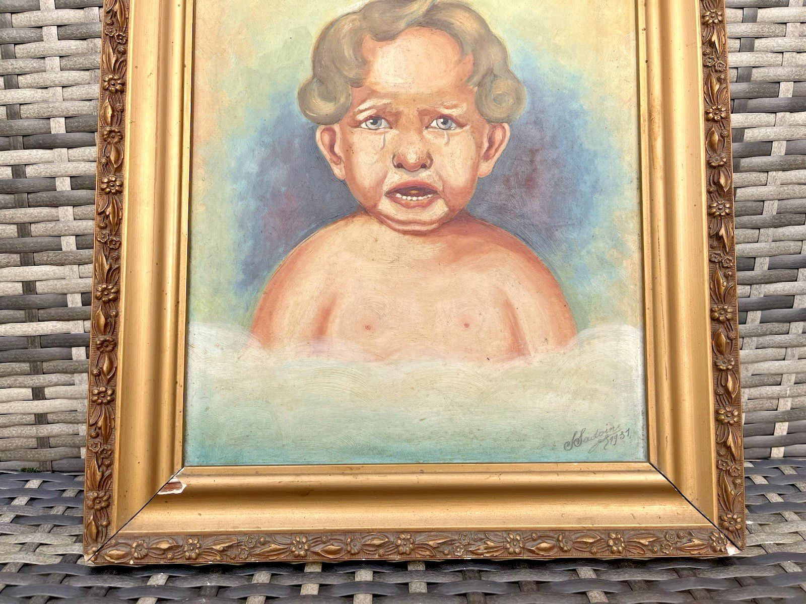photo furniture Antique C1937 French Comical Angry Crying Baby Portrait Painting Oil Gouache
