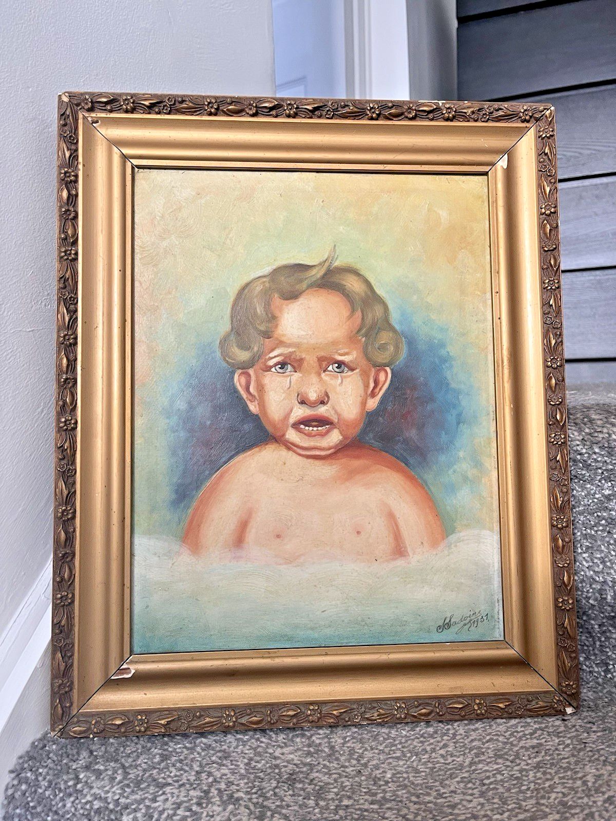 Art Antique C1937 French Comical Angry Crying Baby Portrait Painting Oil Gouache photo