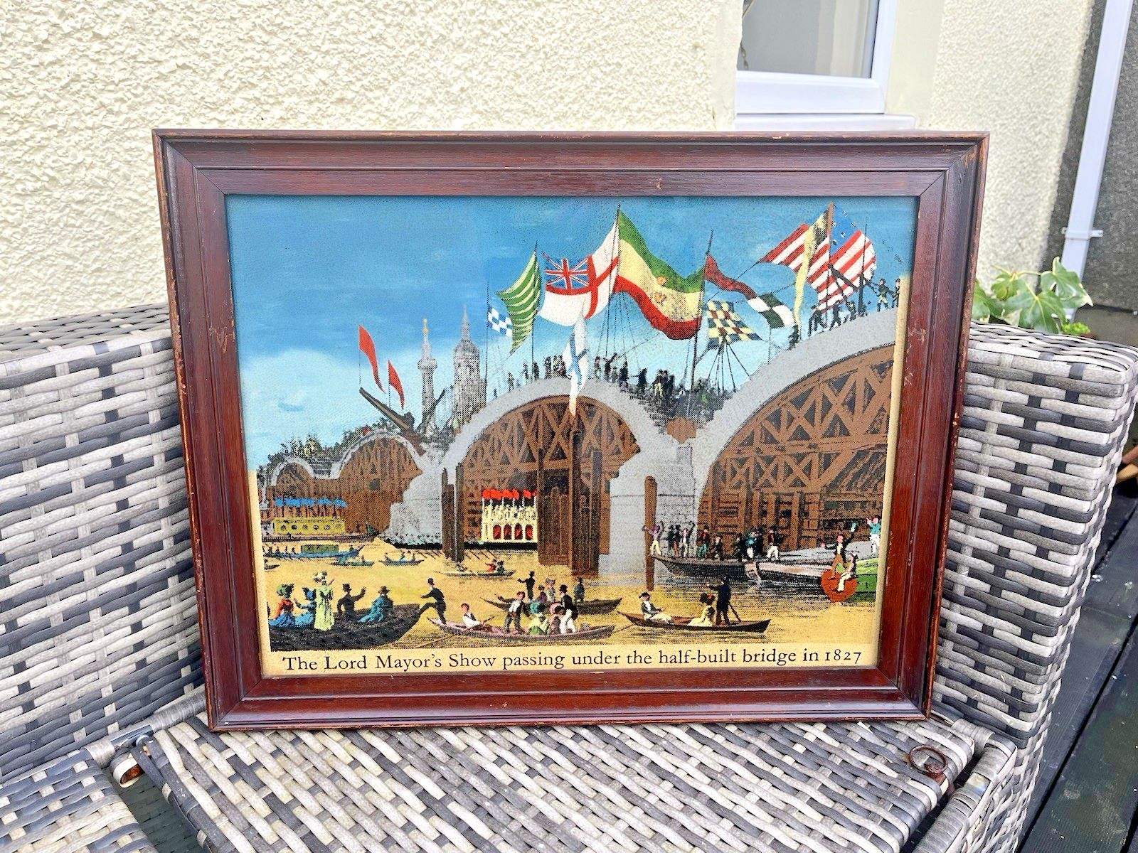 Large Framed Antique Lord Mayors Show Old New London Bridge Print Flags Thames
