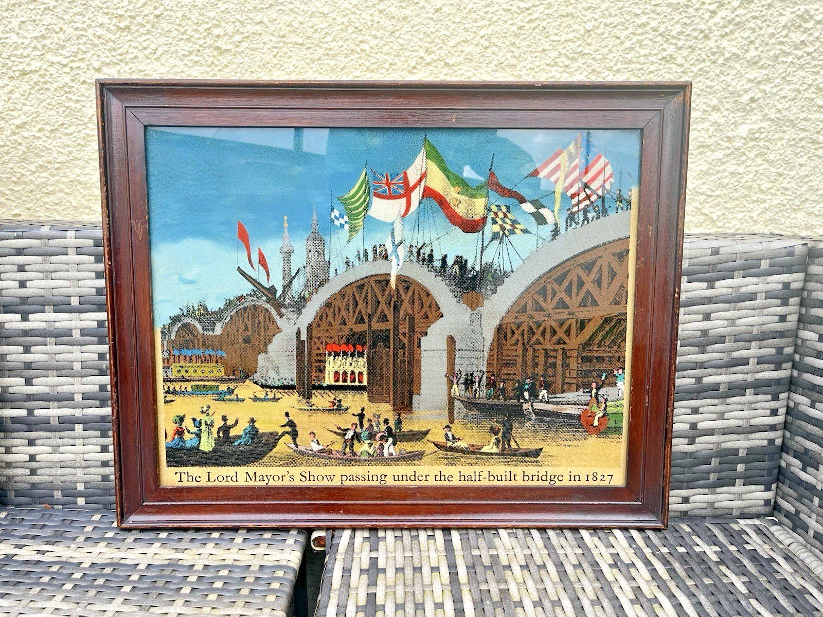 Large Framed Antique Lord Mayors Show Old New London Bridge Print Flags Thames photo furniture