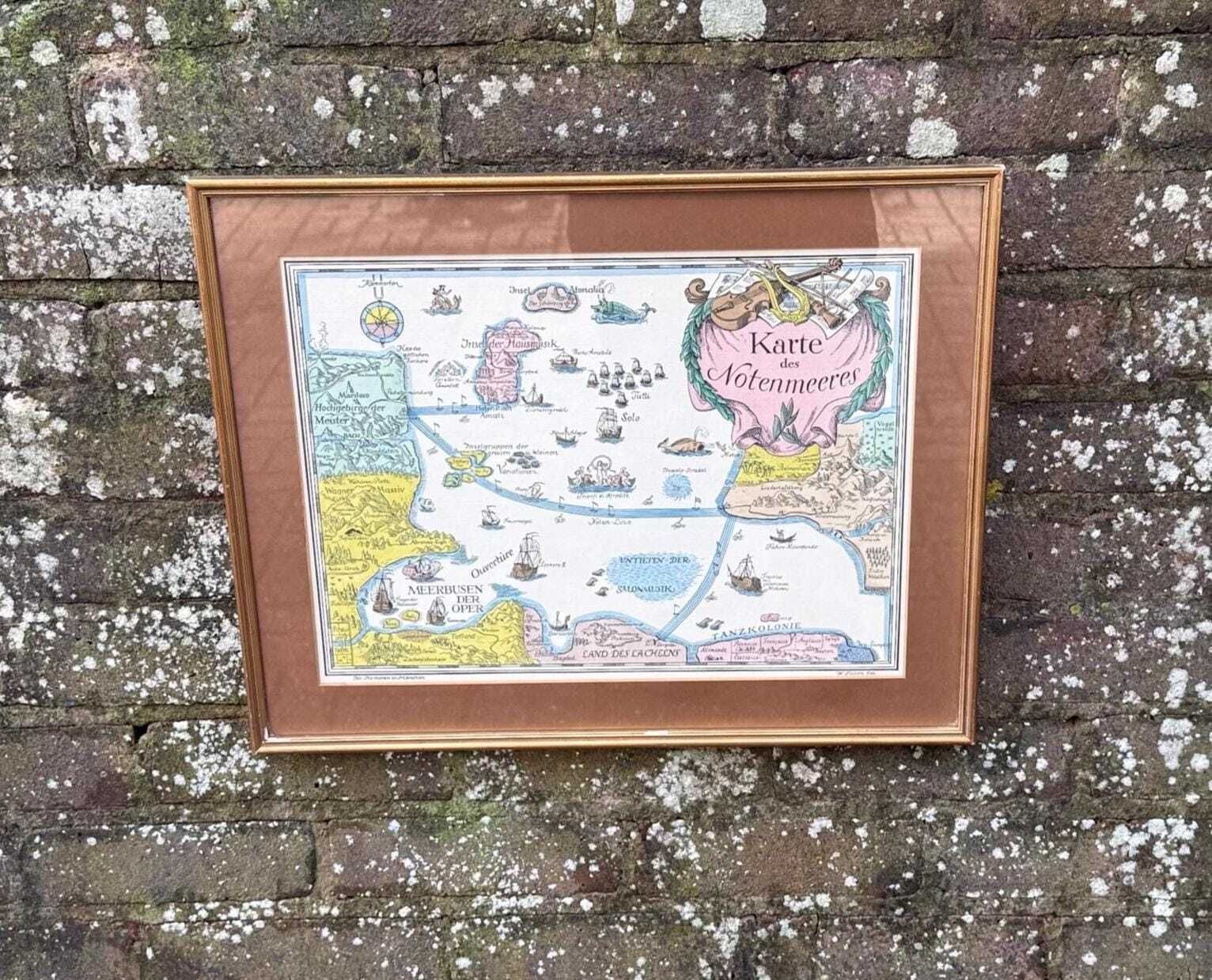 Unusual Vintage Music Map   German Karte Des Notenmeeres Musical Map Framed Print