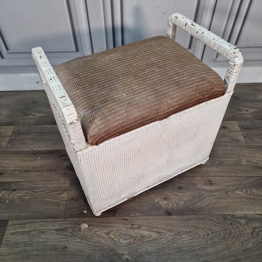 Vintage Laundry Basket Storage Seat Lloyd Loom Style Painted Retro Stool Mcm photo furniture