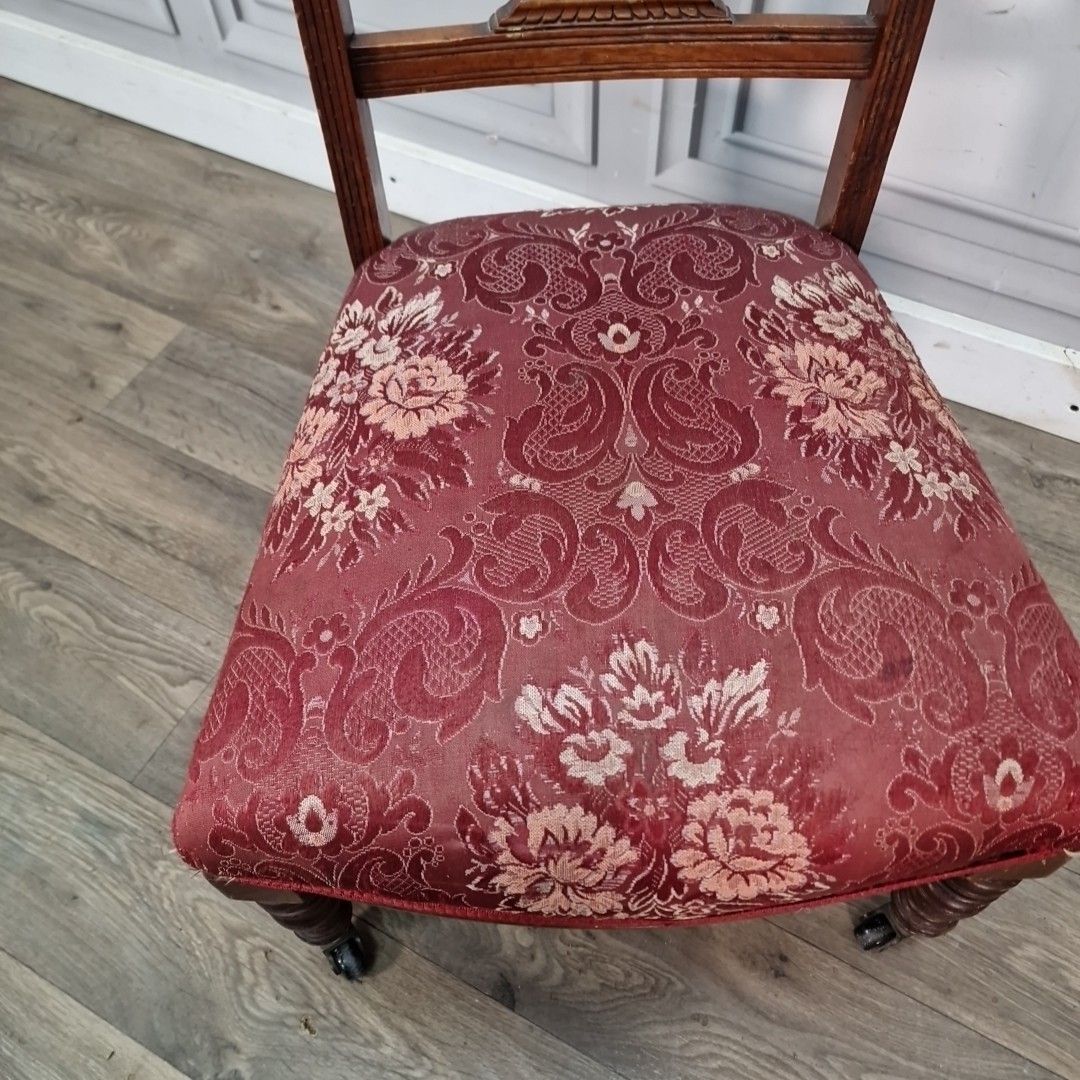 Antique Mahogany Bedroom Chair Turned Wood Carved Floral Back Upholstered Seat photo for sale