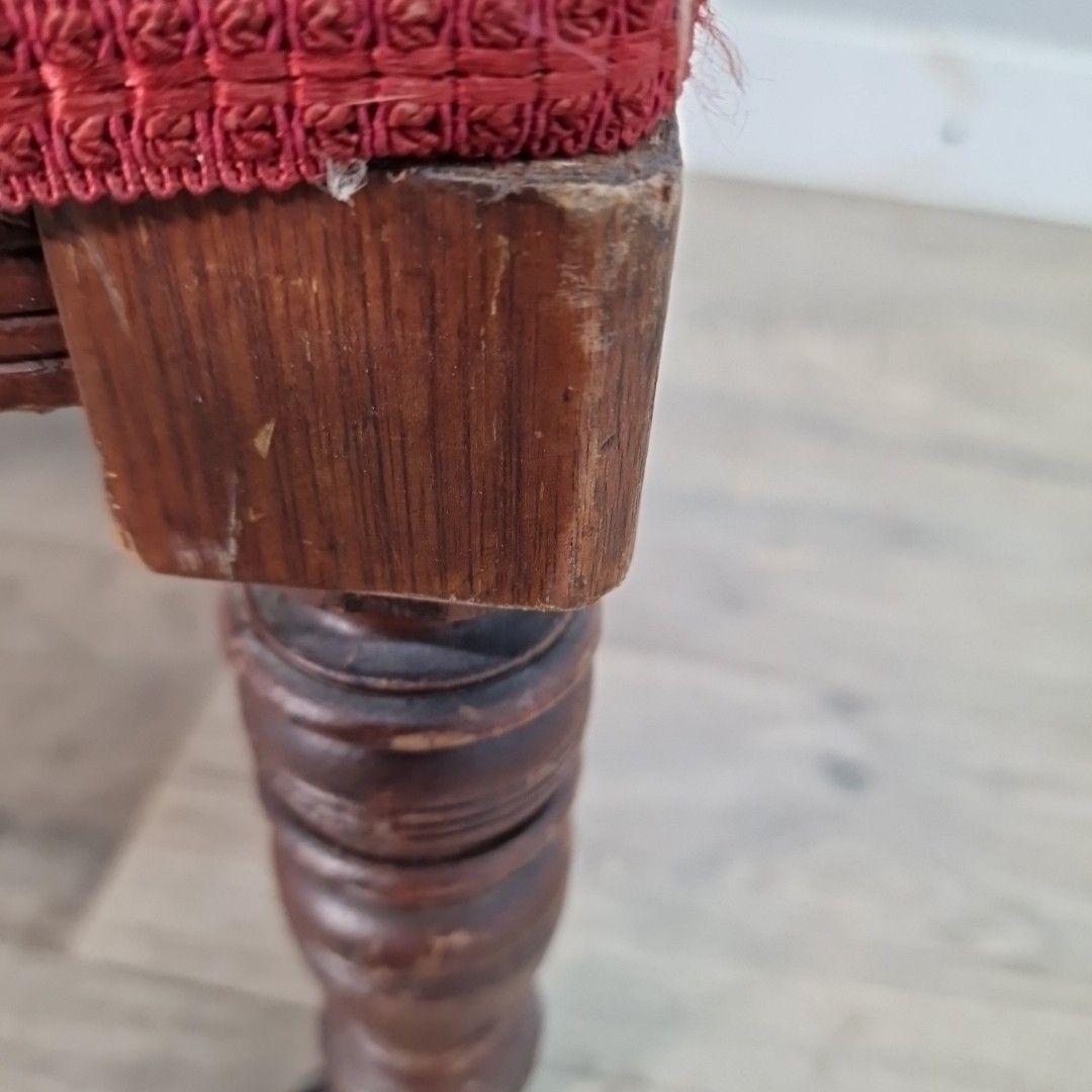 130.0 Antique Mahogany Bedroom Chair Turned Wood Carved Floral Back Upholstered Seat photo