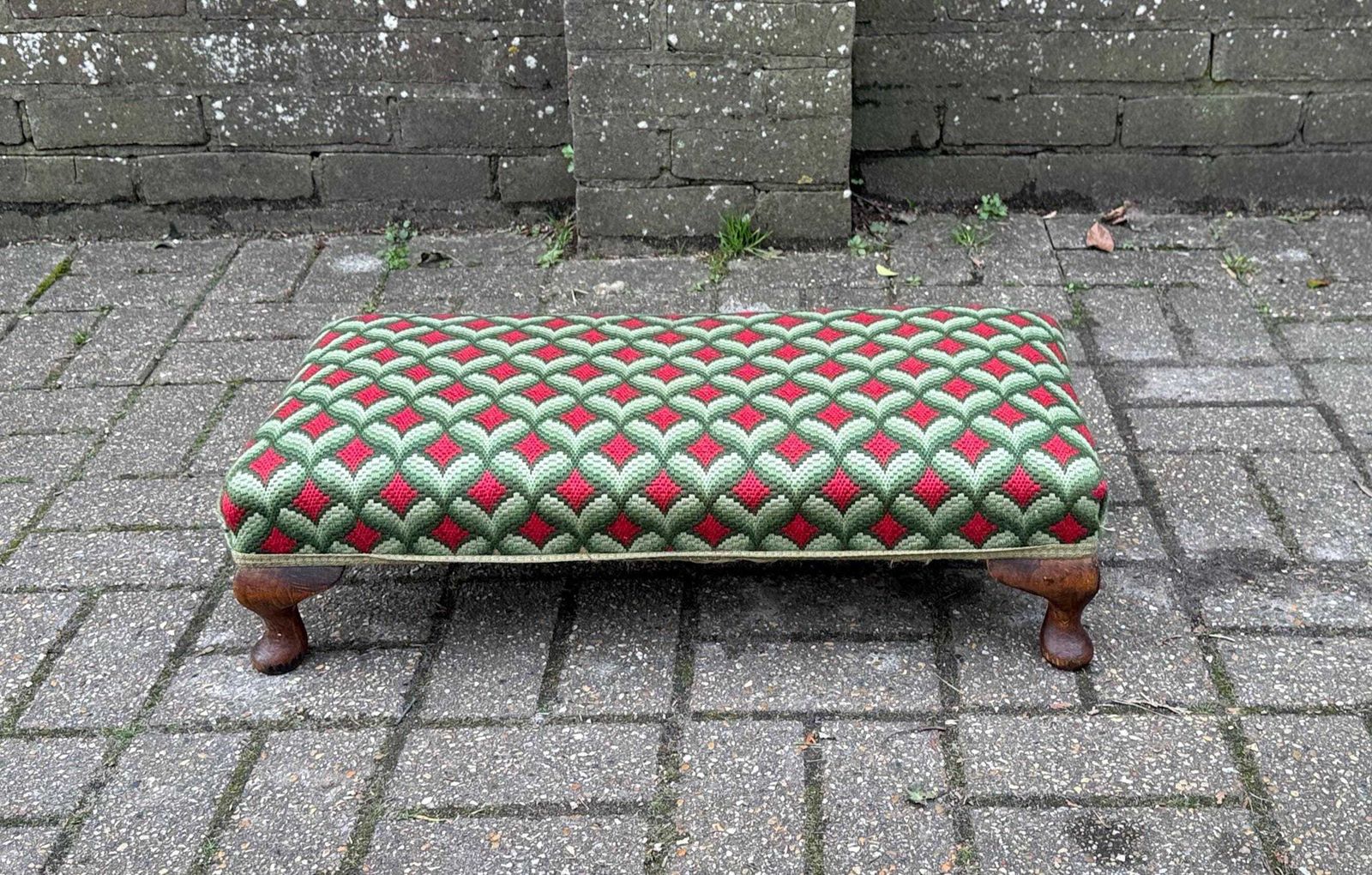 Striking And Bold Vintage Upholstered Footstool With Cabriole Legs And Tapestry Fabric