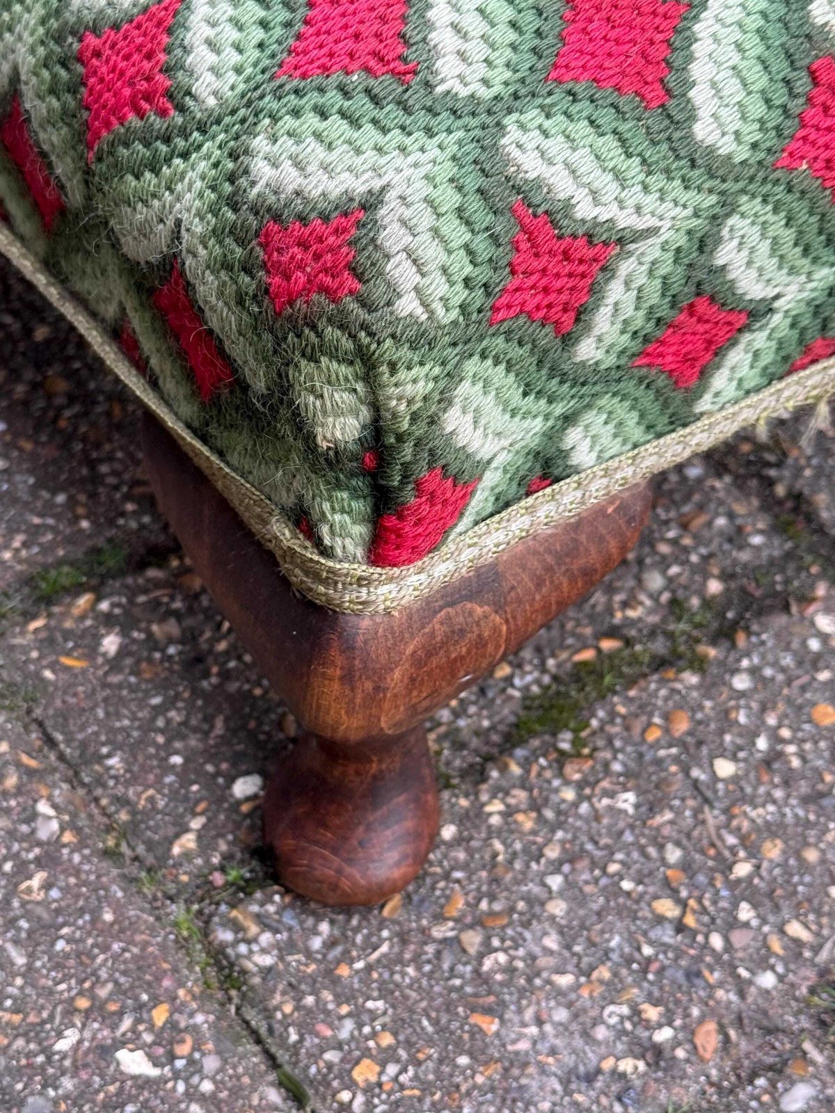Striking And Bold Vintage Upholstered Footstool With Cabriole Legs And Tapestry Fabric photo vinterior