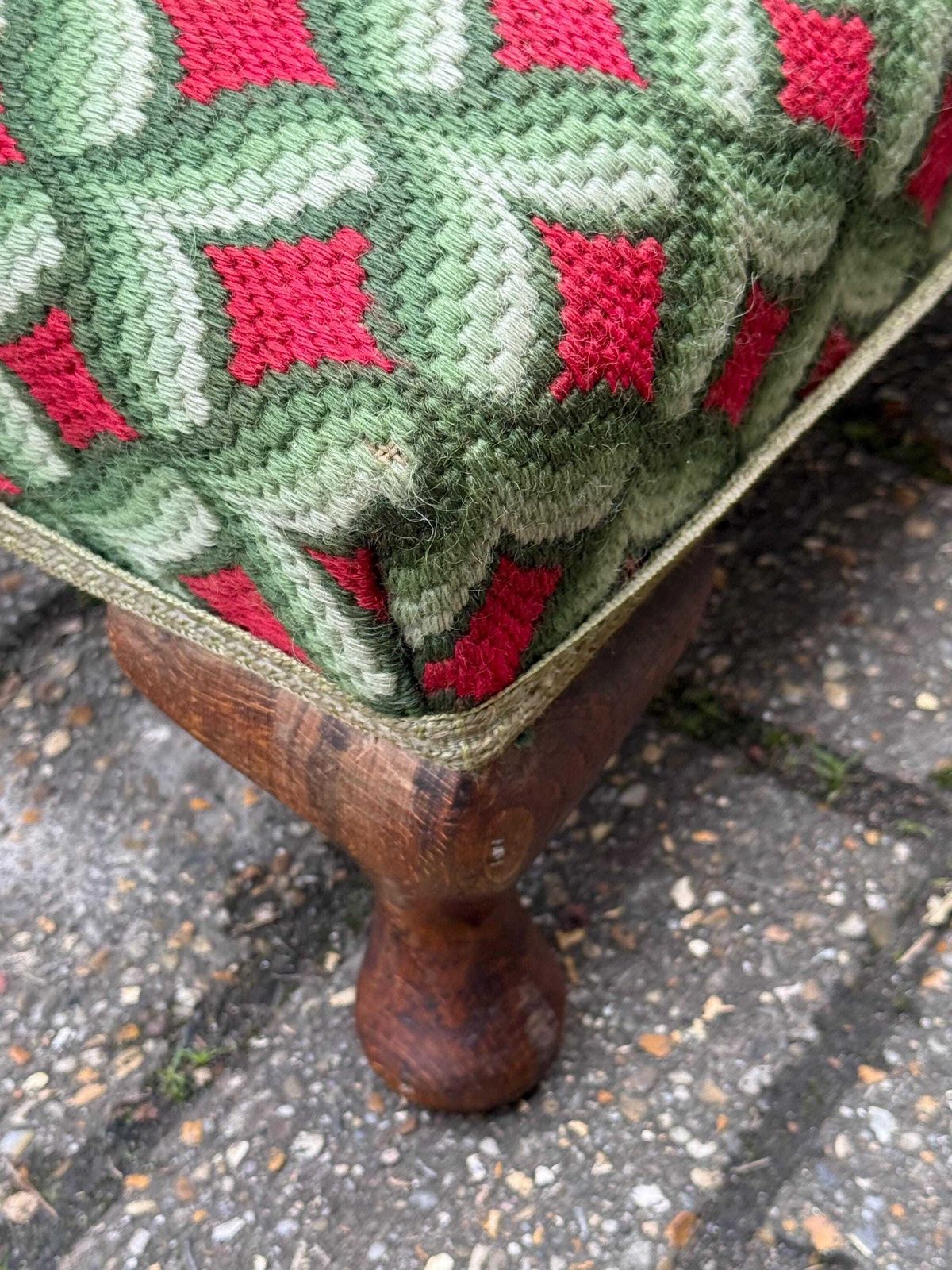 Striking And Bold Vintage Upholstered Footstool With Cabriole Legs And Tapestry Fabric photo buy