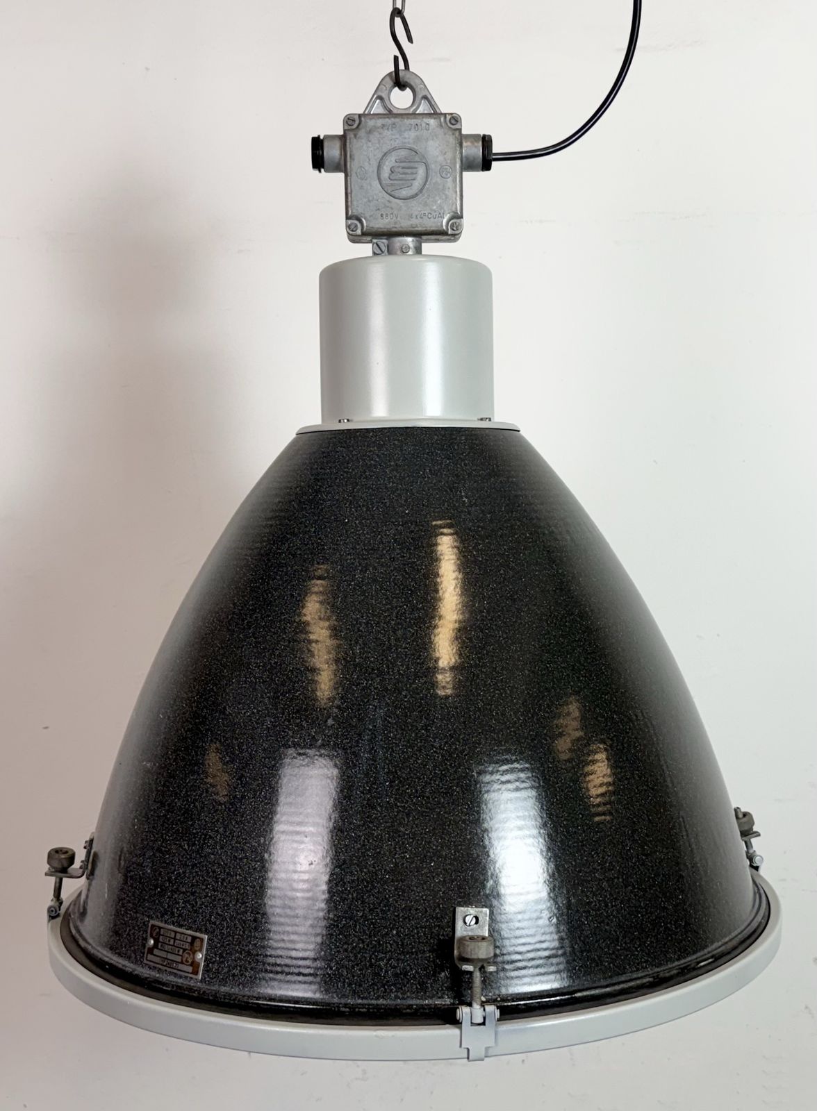 Large Industrial Black Enamel Factory Pendant Lamp With Glass Cover, 1960s, 20x photo for sale