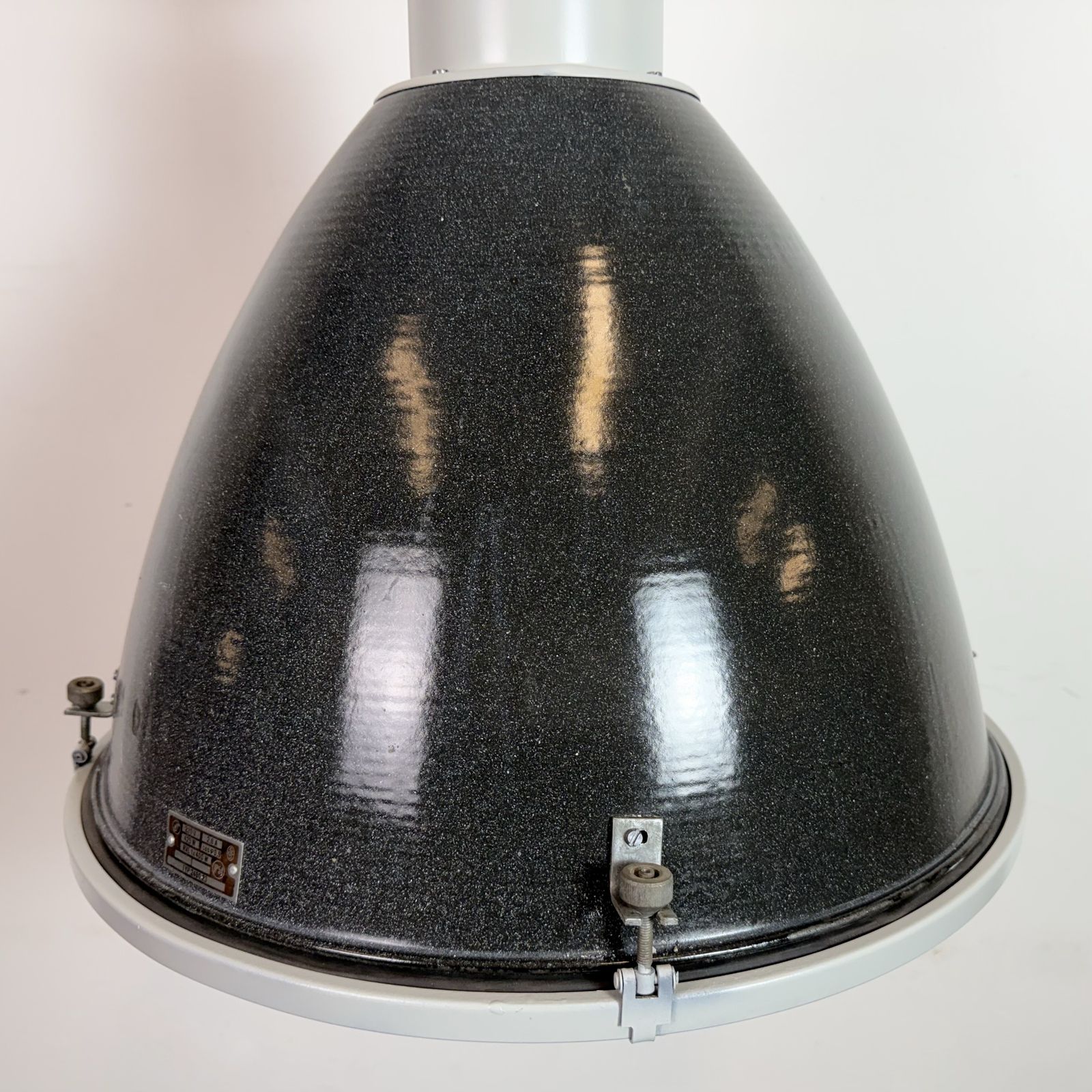Large Industrial Black Enamel Factory Pendant Lamp With Glass Cover, 1960s, 20x photo 199.0