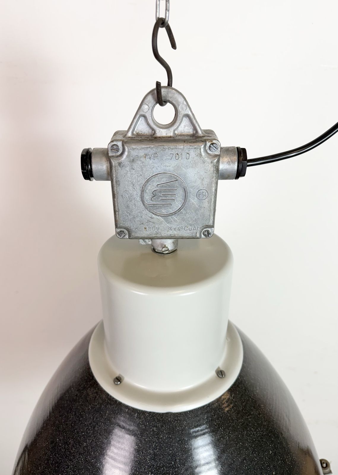 photo furniture Large Industrial Black Enamel Factory Pendant Lamp With Glass Cover, 1960s, 20x
