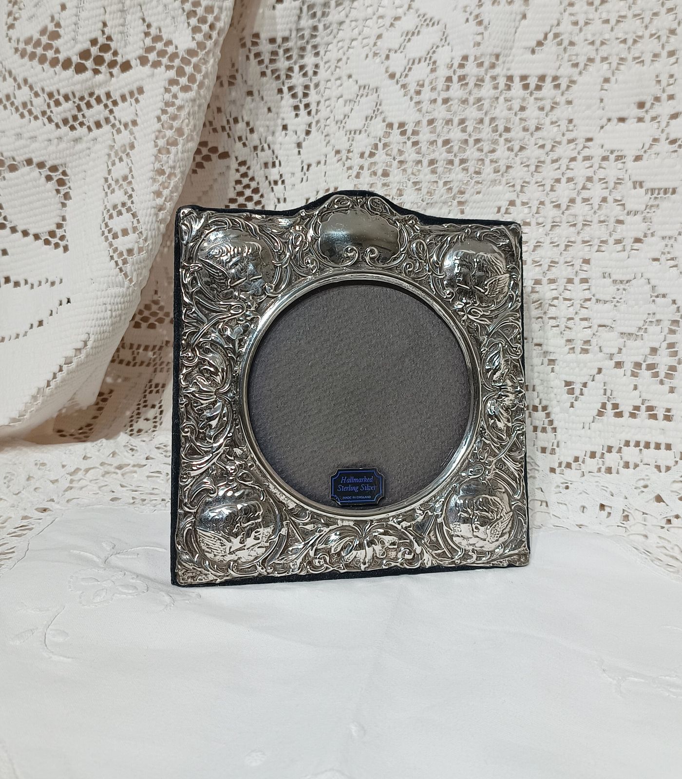 Sterling Silver Photo Frame Freestanding Embossed Cherub Angel Floral Decor. photo furniture