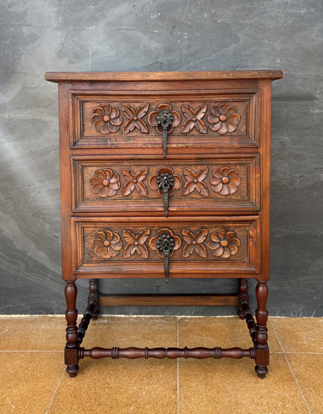 Spanish Renaissance Revival Oak Chest Of Drawers With Carved Floral Fronts, 1930 photo for sale