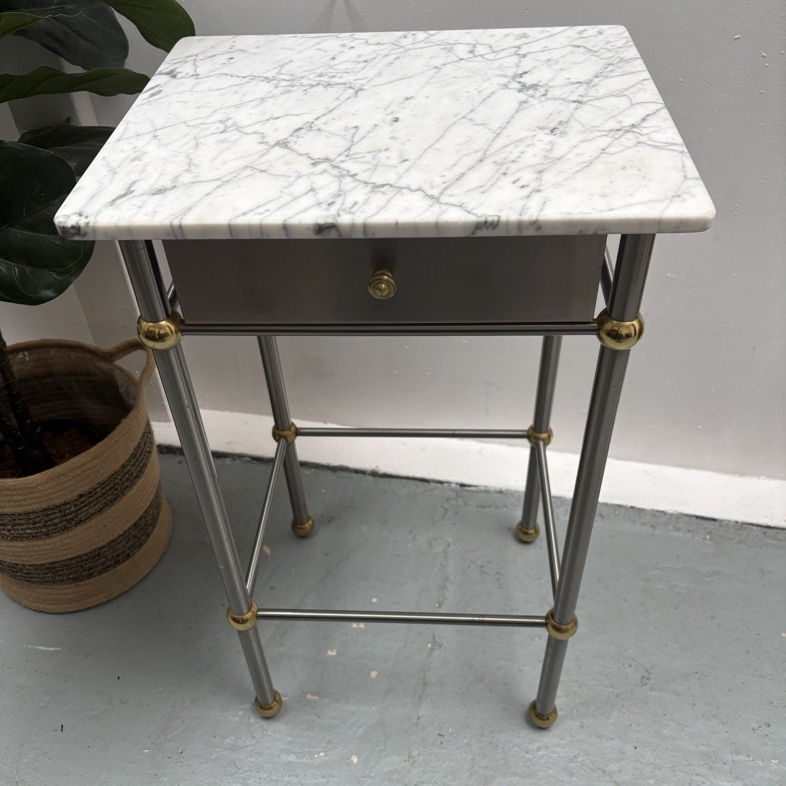 Vintage French 1970s Chrome, Brass & Marble Bedside Sofa End Side Table