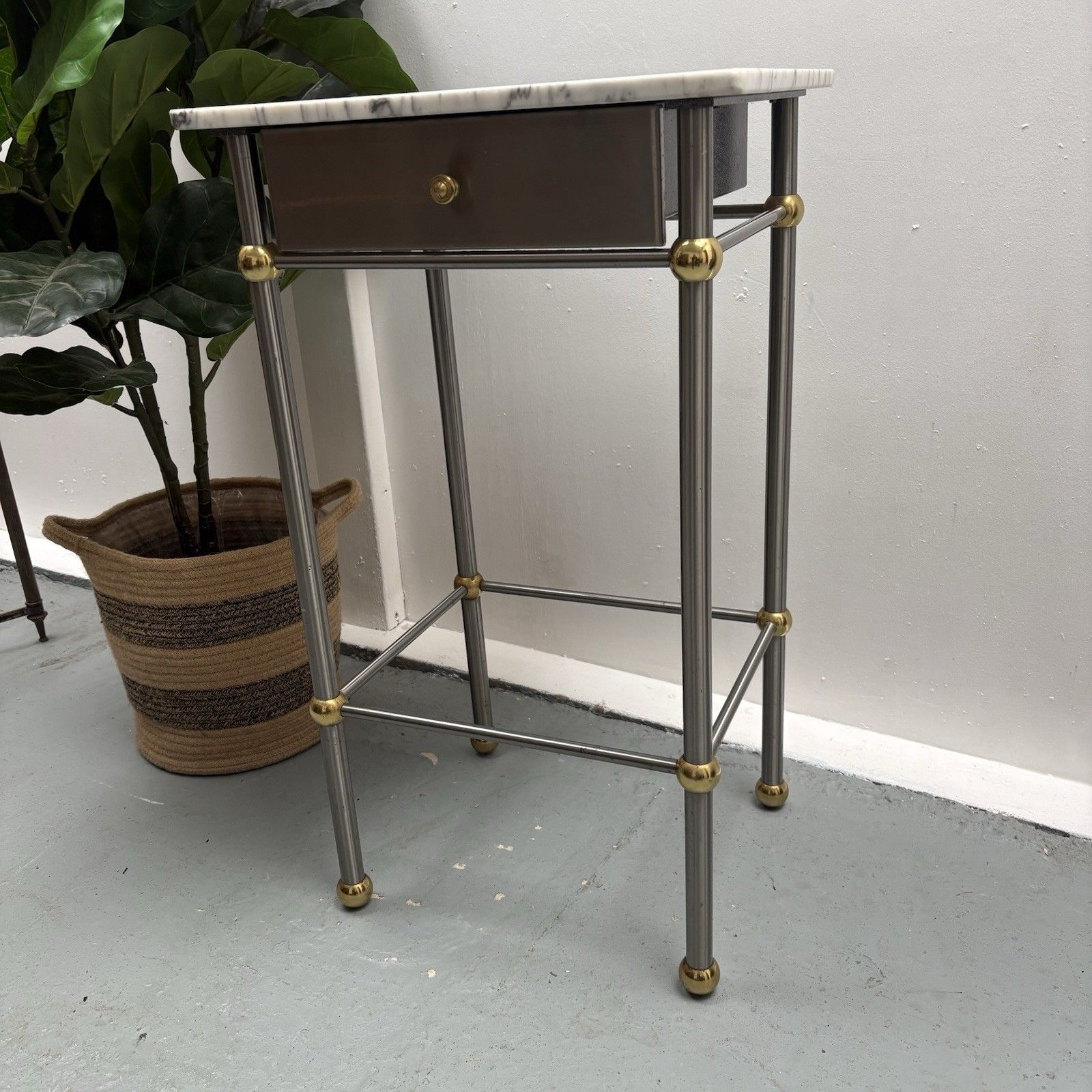 Vintage French 1970s Chrome, Brass & Marble Bedside Sofa End Side Table photo furniture