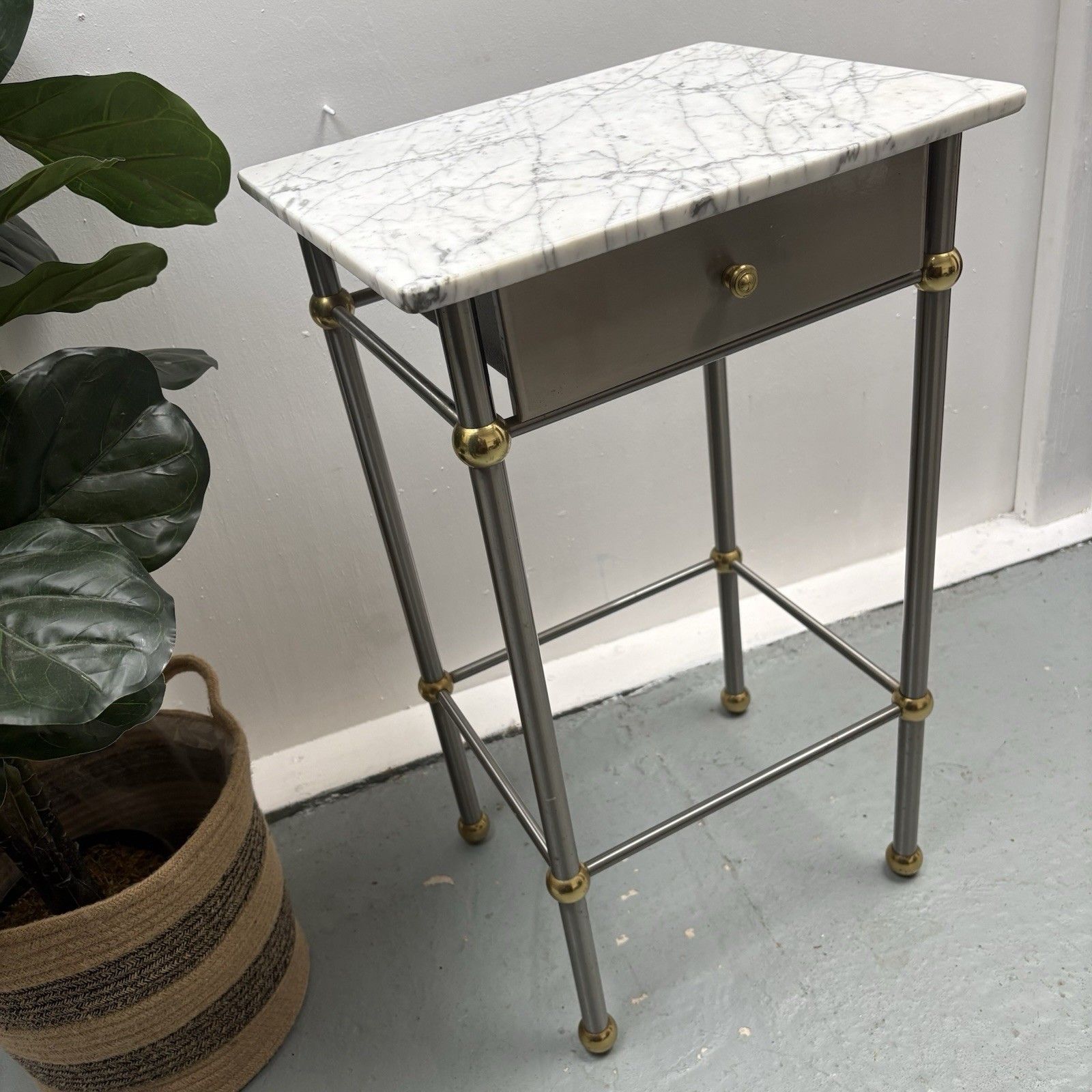 Furniture Vintage French 1970s Chrome, Brass & Marble Bedside Sofa End Side Table photo