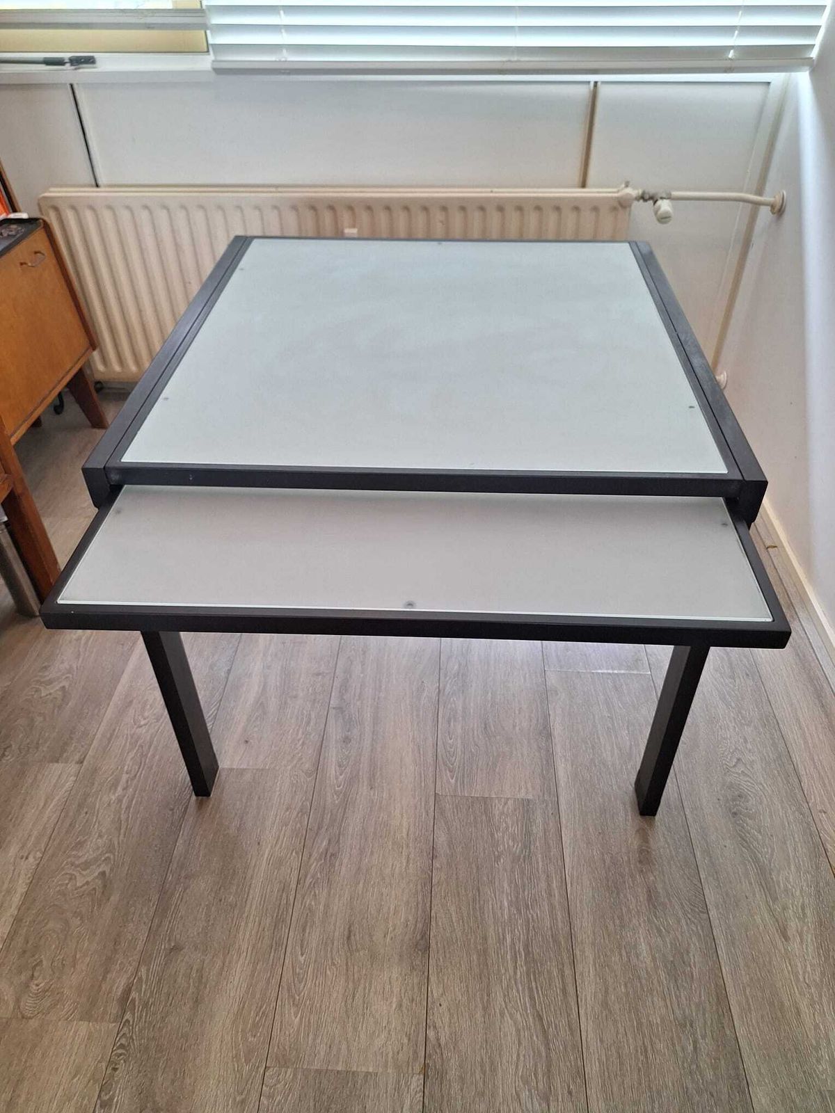 Italian Metal Glass Table With Extendable Frosted Glass Top photo vinterior