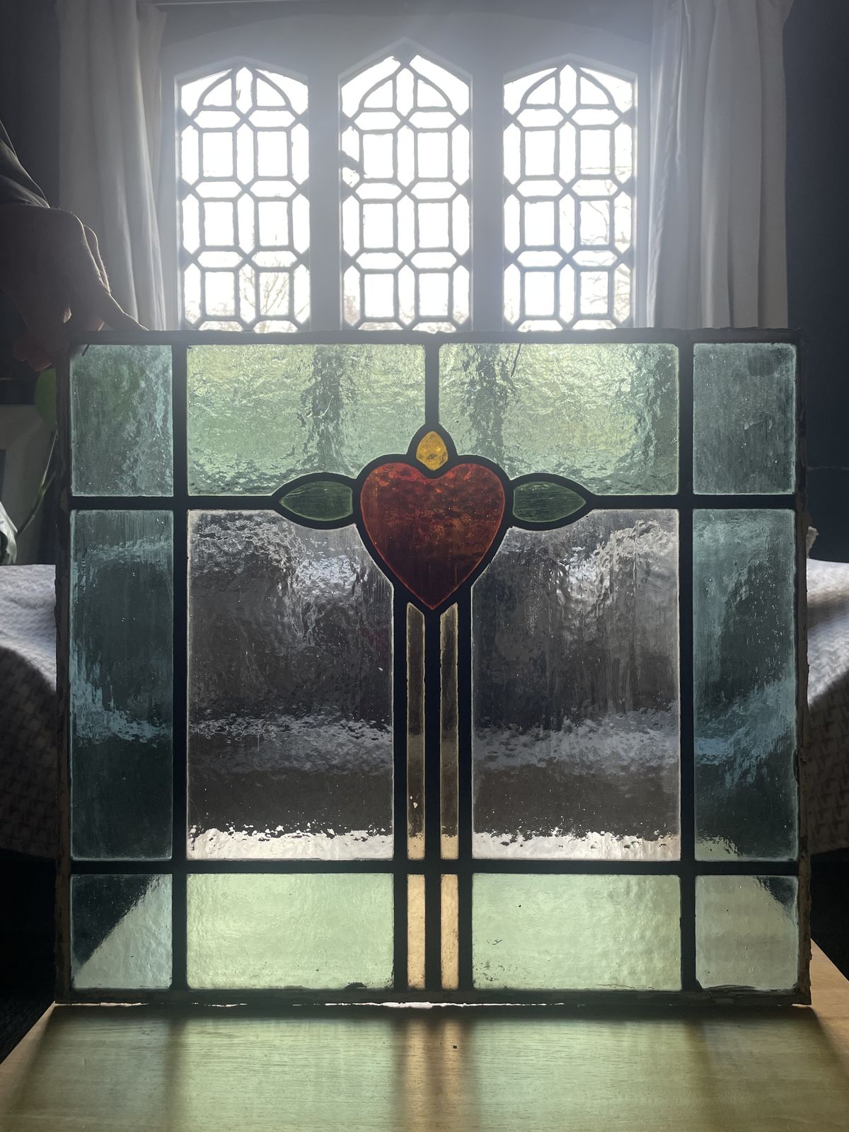 Antique Stained Glass Window Panel Emerald Green And Aqua Glass With Ruby Red Heart Motif. photo Home Fixtures