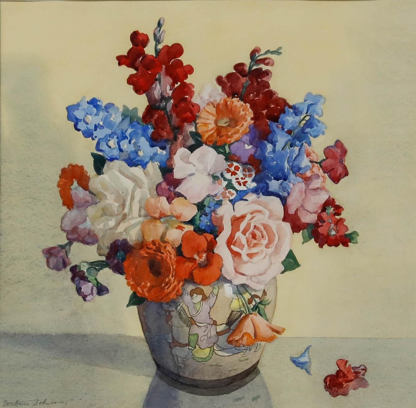 Beatrice Johnson (1938 1988) Framed Watercolour, Flowers In A Japanese Vase photo furniture