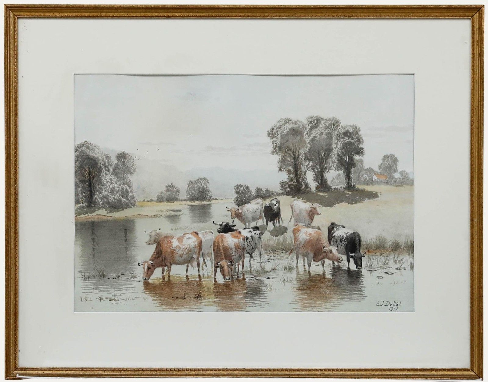 Edward J. Duval (Fl.1876 1916) Framed  Watercolour, Cattle Watering