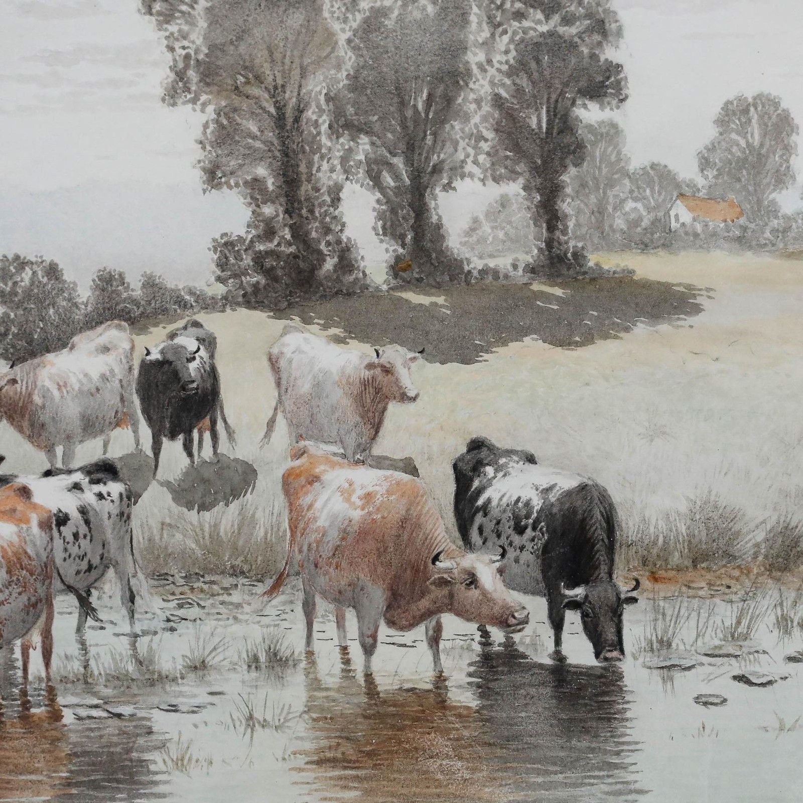 Edward J. Duval (Fl.1876 1916) Framed  Watercolour, Cattle Watering photo Art